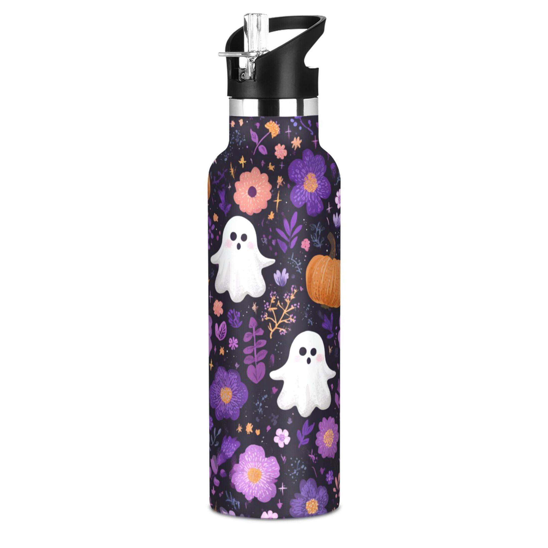 Kids Insulated Stainless Steel Sports Water Bottle 600ml (20oz) Purple Flowers and Pumpkins