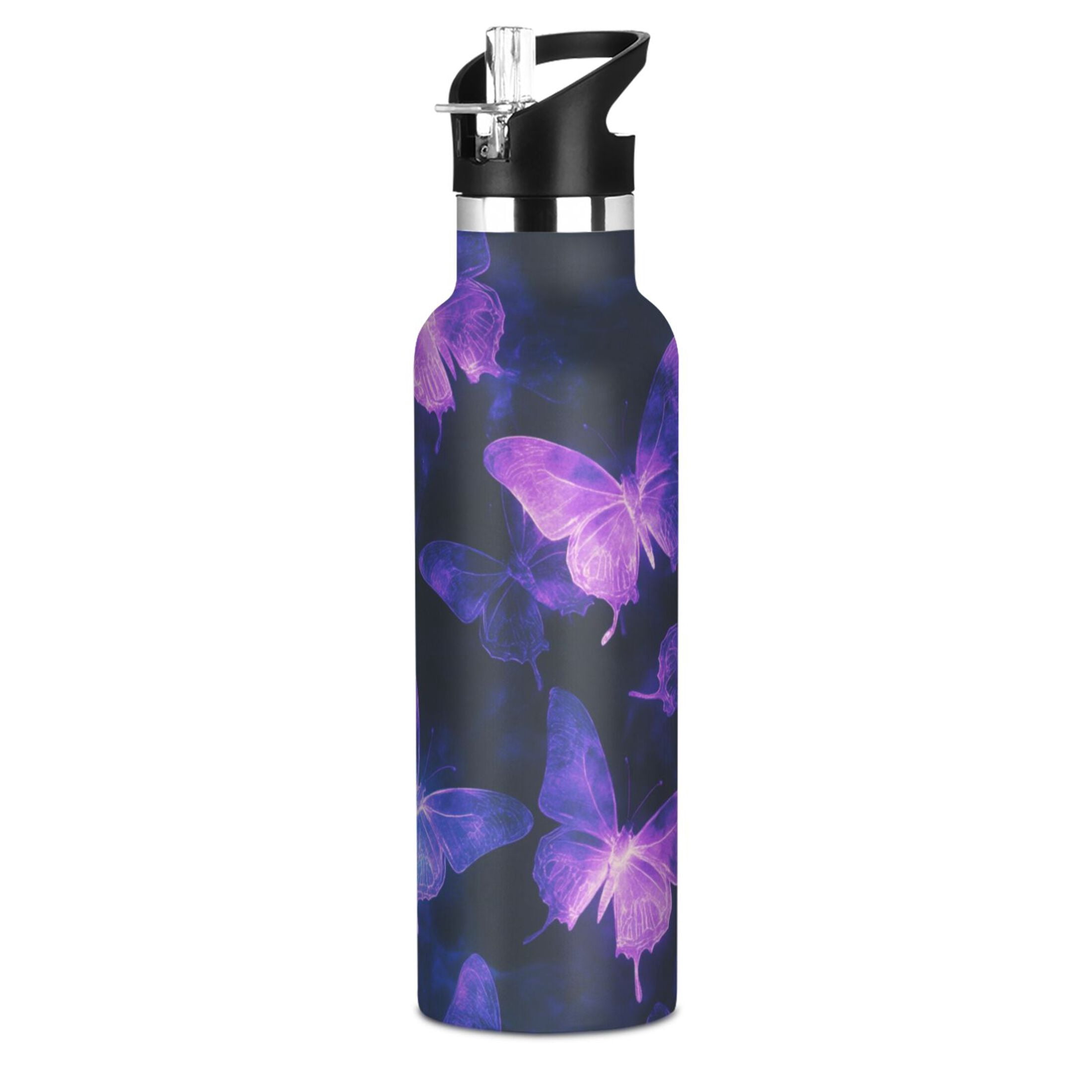 Kids Insulated Stainless Steel Sports Water Bottle 600ml (20oz) Purple Glowing Butterflies