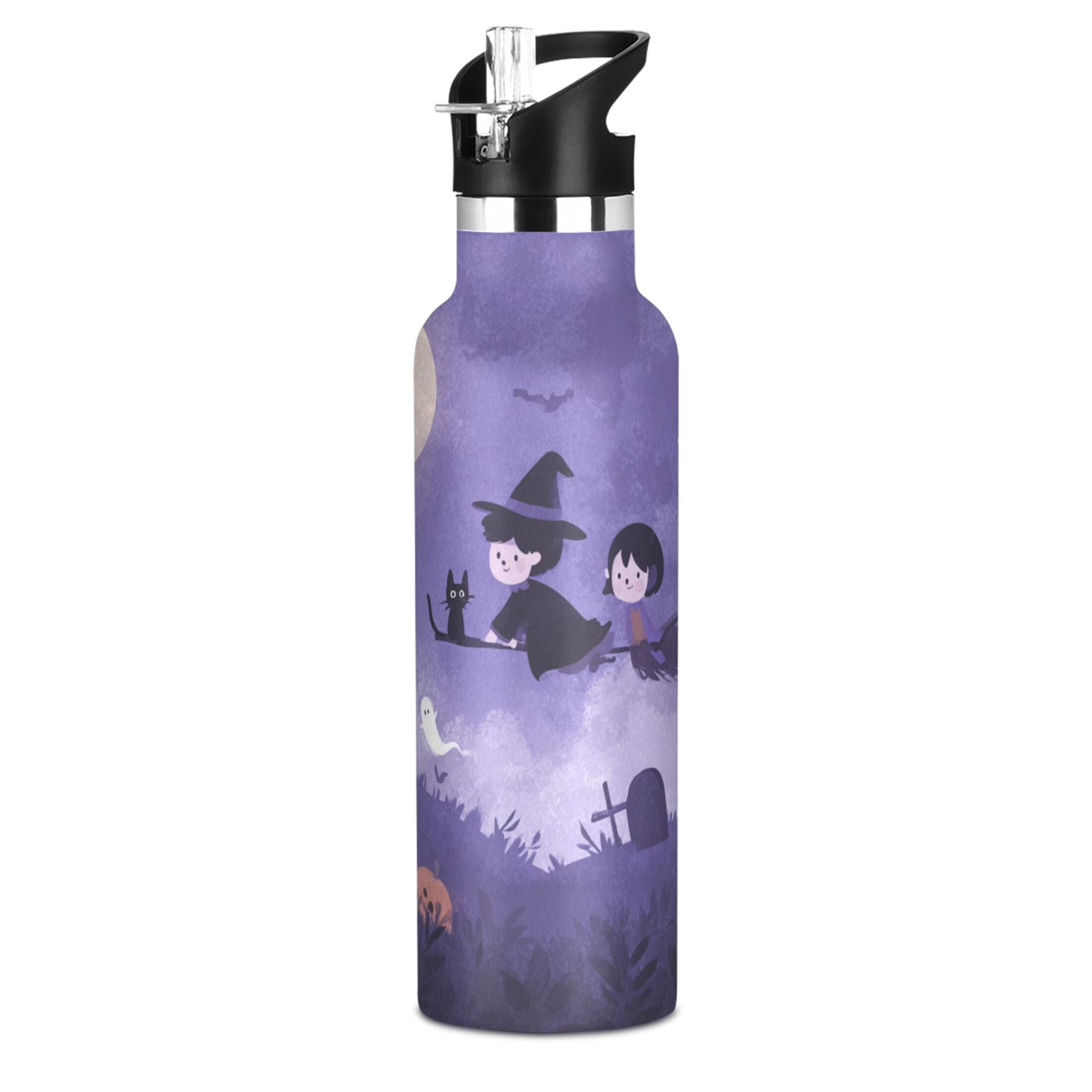 Kids Insulated Stainless Steel Sports Water Bottle 600ml (20oz) Purple Halloween-themed Background