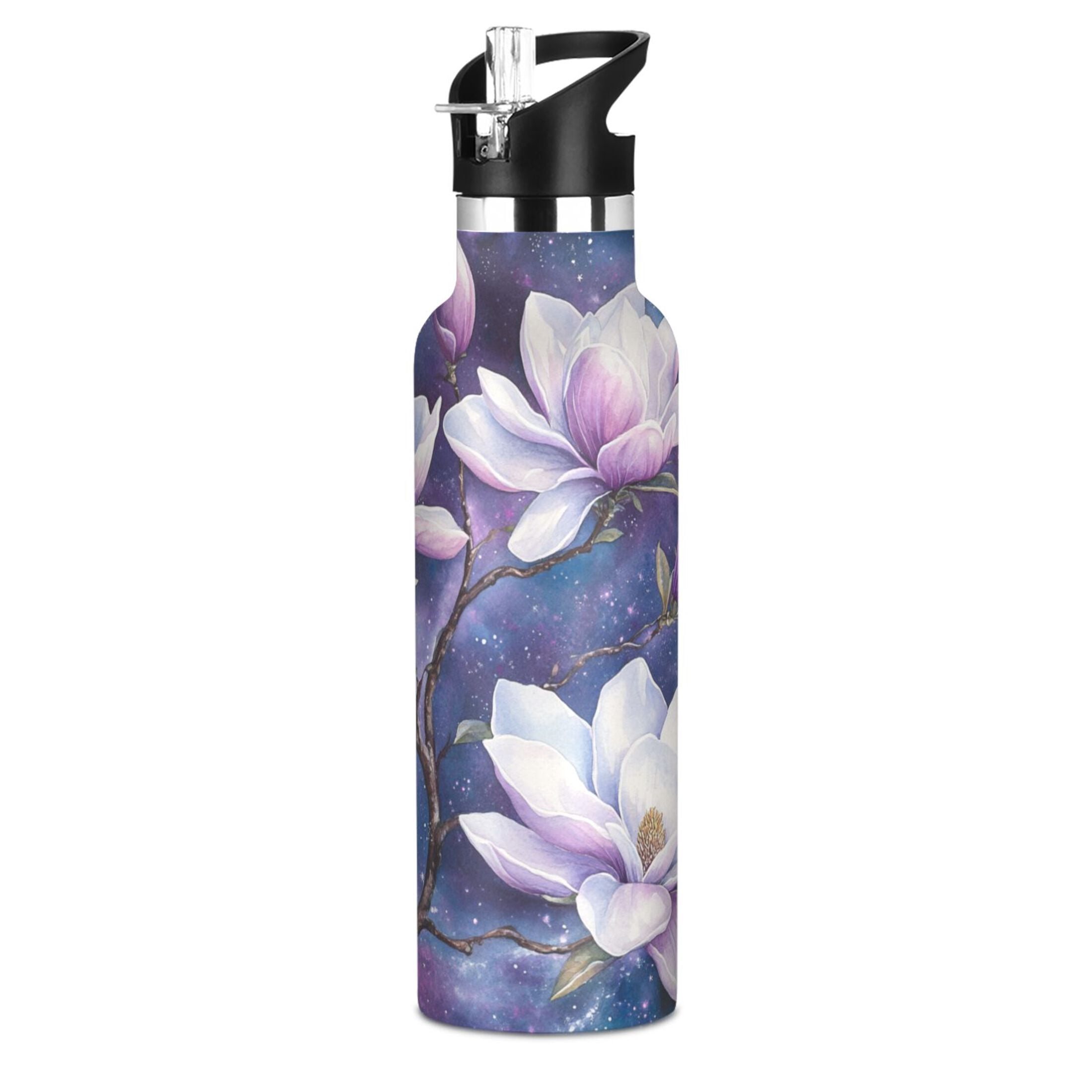 Kids Insulated Stainless Steel Sports Water Bottle 600ml (20oz) Purple Magnolia Flowers