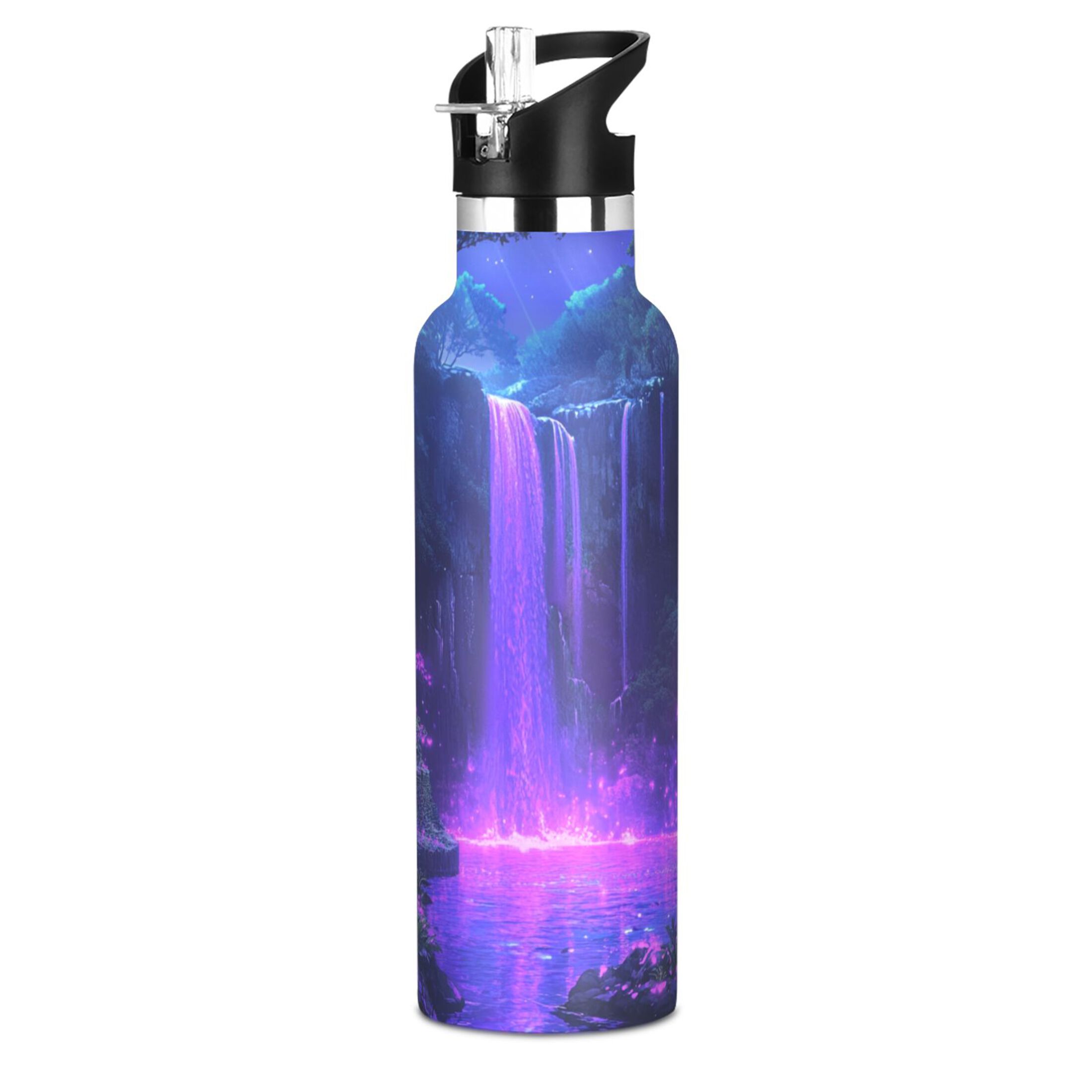 Kids Insulated Stainless Steel Sports Water Bottle 600ml (20oz) Purple Neon Waterfall