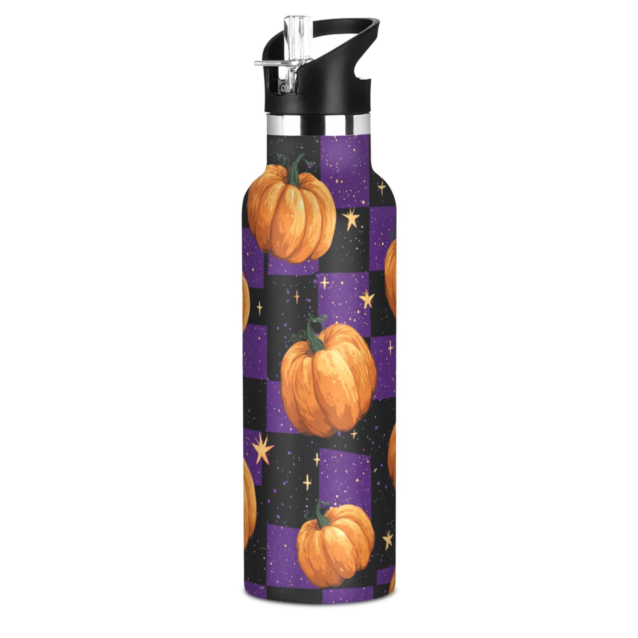 Kids Insulated Stainless Steel Sports Water Bottle 600ml (20oz) Purple Plaid and Pumpkins
