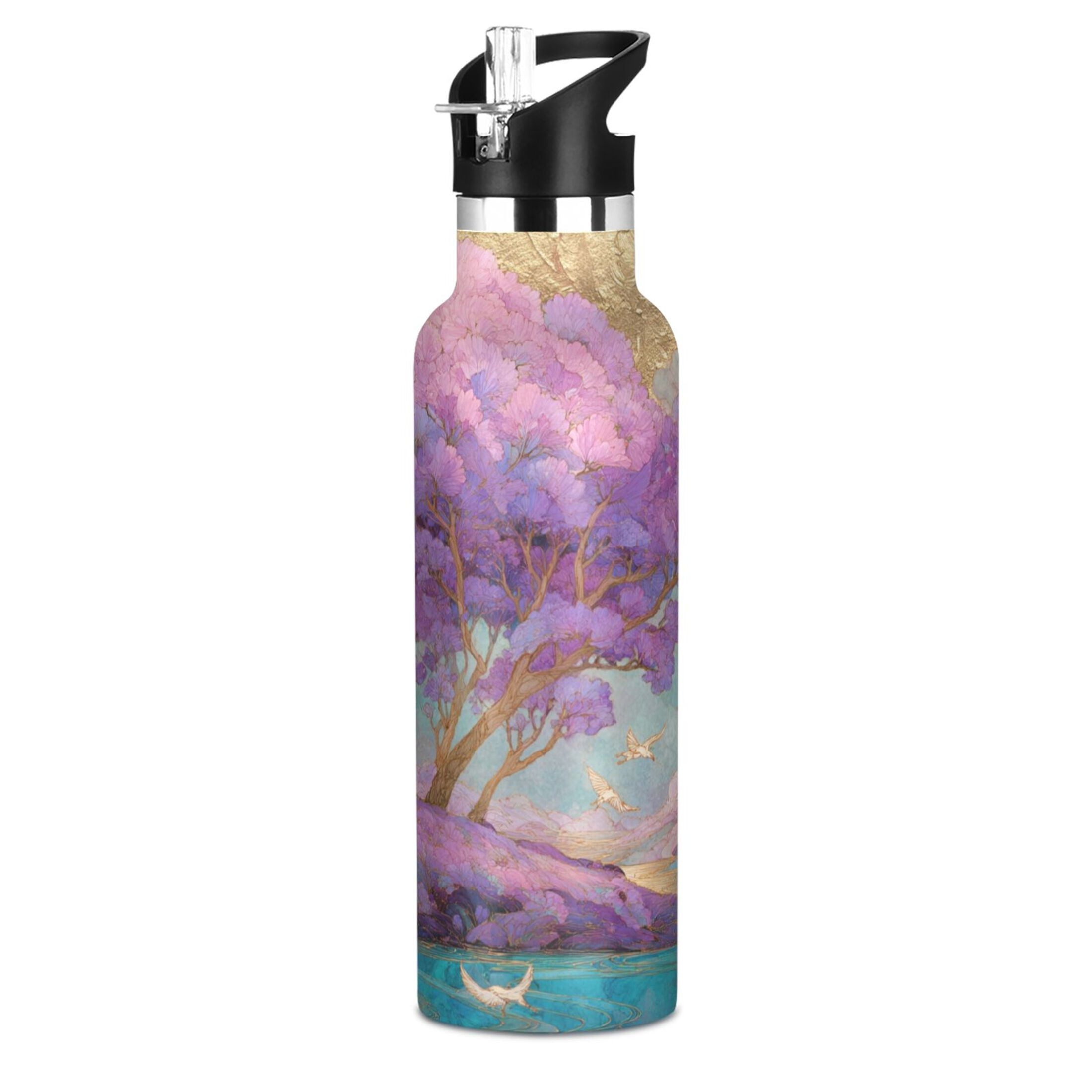 Kids Insulated Stainless Steel Sports Water Bottle 600ml (20oz) Purple Trees