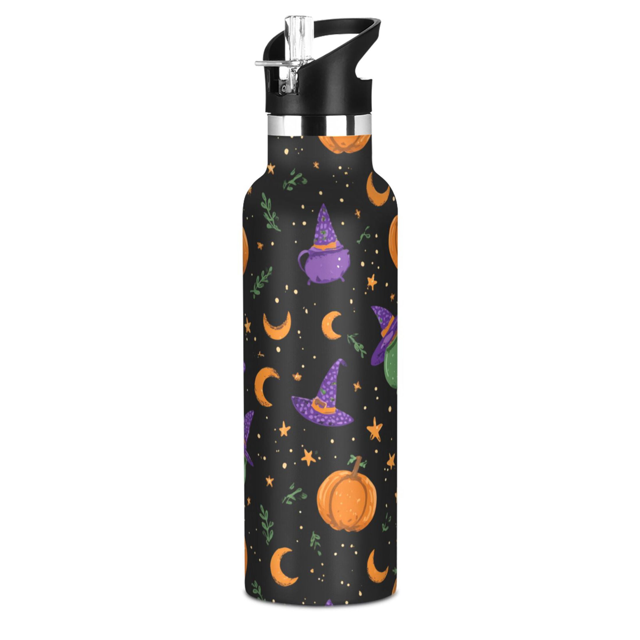 Kids Insulated Stainless Steel Sports Water Bottle 600ml (20oz) Purple and Orange Halloween Icons