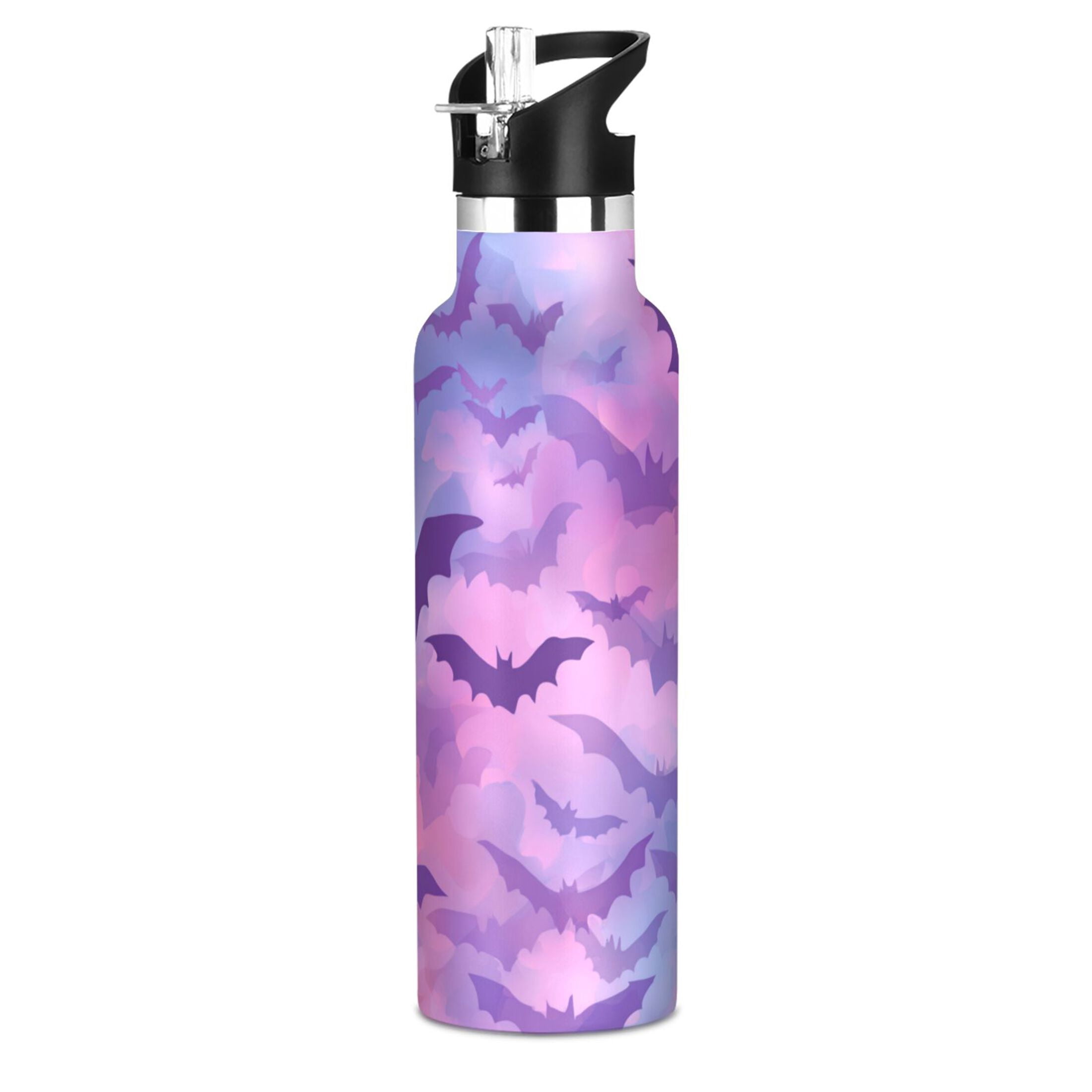 Kids Insulated Stainless Steel Sports Water Bottle 600ml (20oz) Purple and Pink Bats