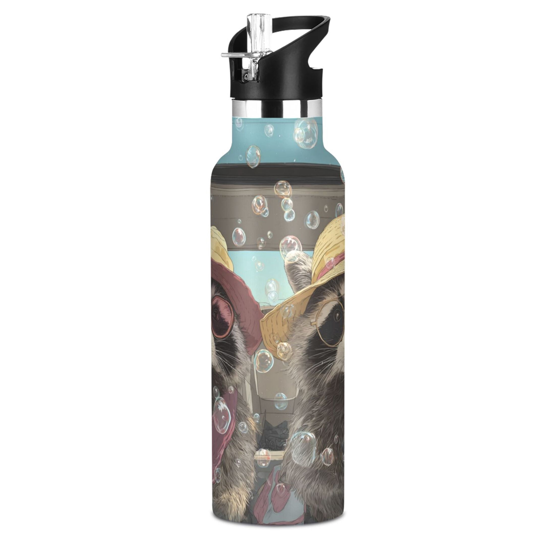 Kids Insulated Stainless Steel Sports Water Bottle 600ml (20oz) Raccoons Wearing Sun Hats