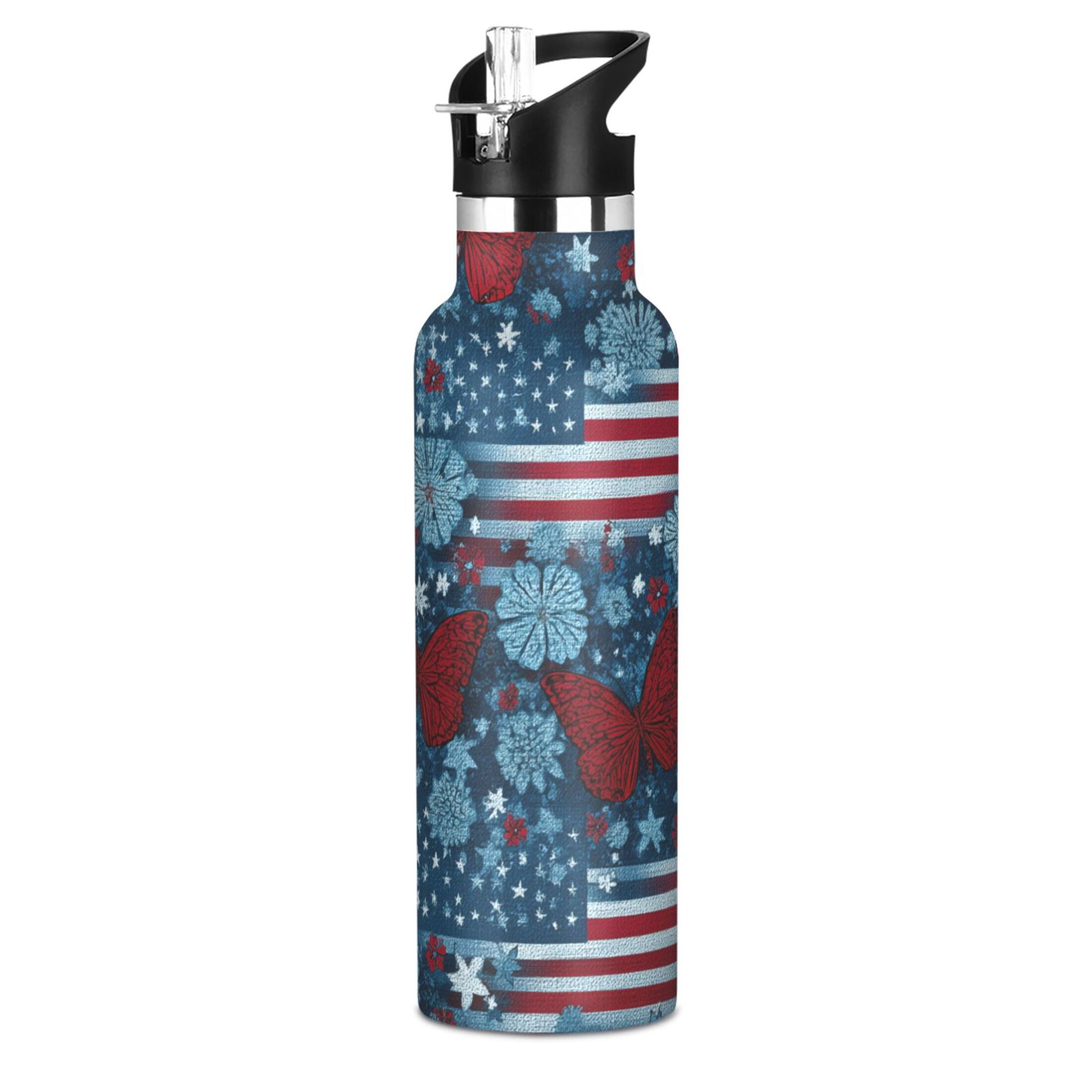 Kids Insulated Stainless Steel Sports Water Bottle 600ml (20oz) Red Butterflies and Flags