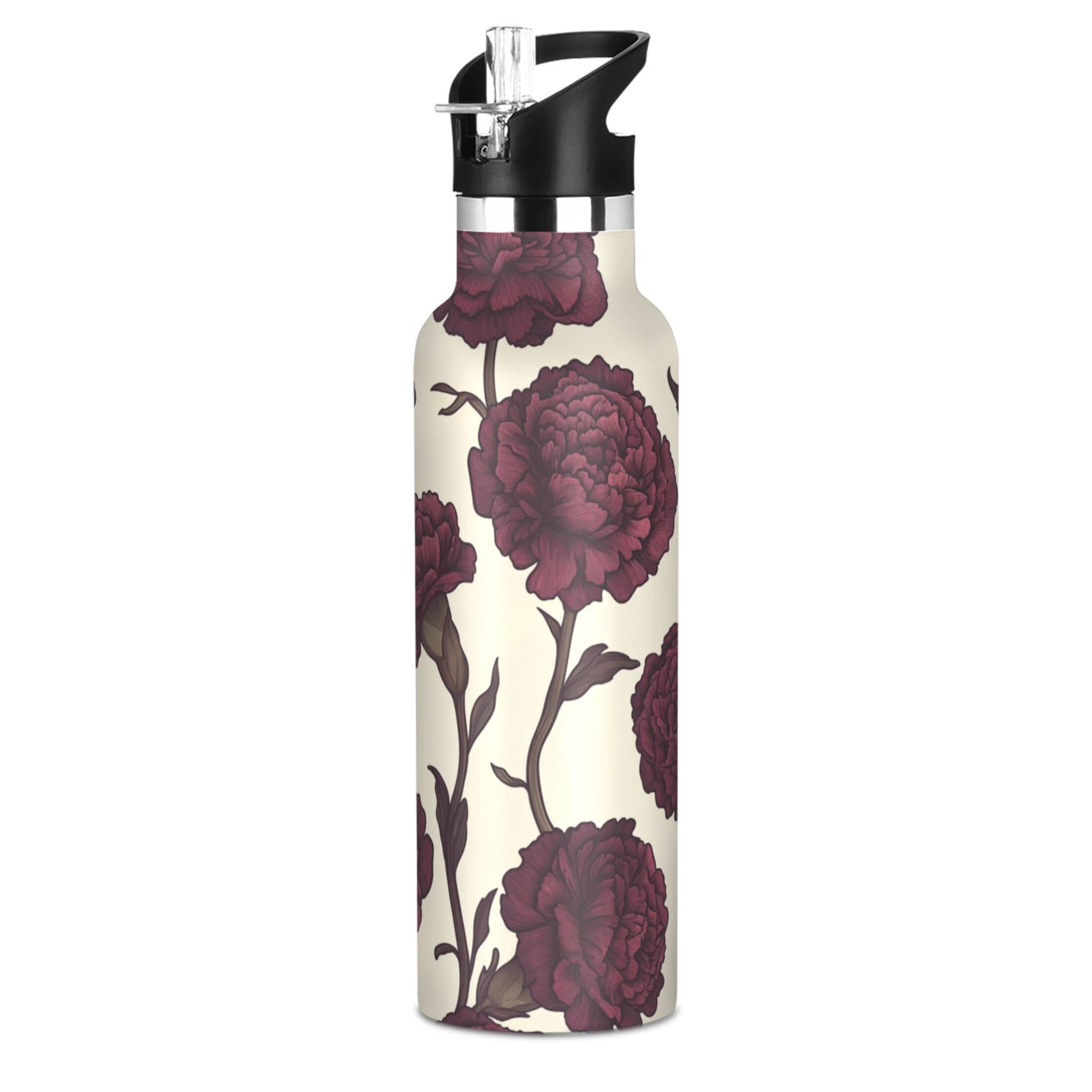 Kids Insulated Stainless Steel Sports Water Bottle 600ml (20oz) Red Carnations Pattern