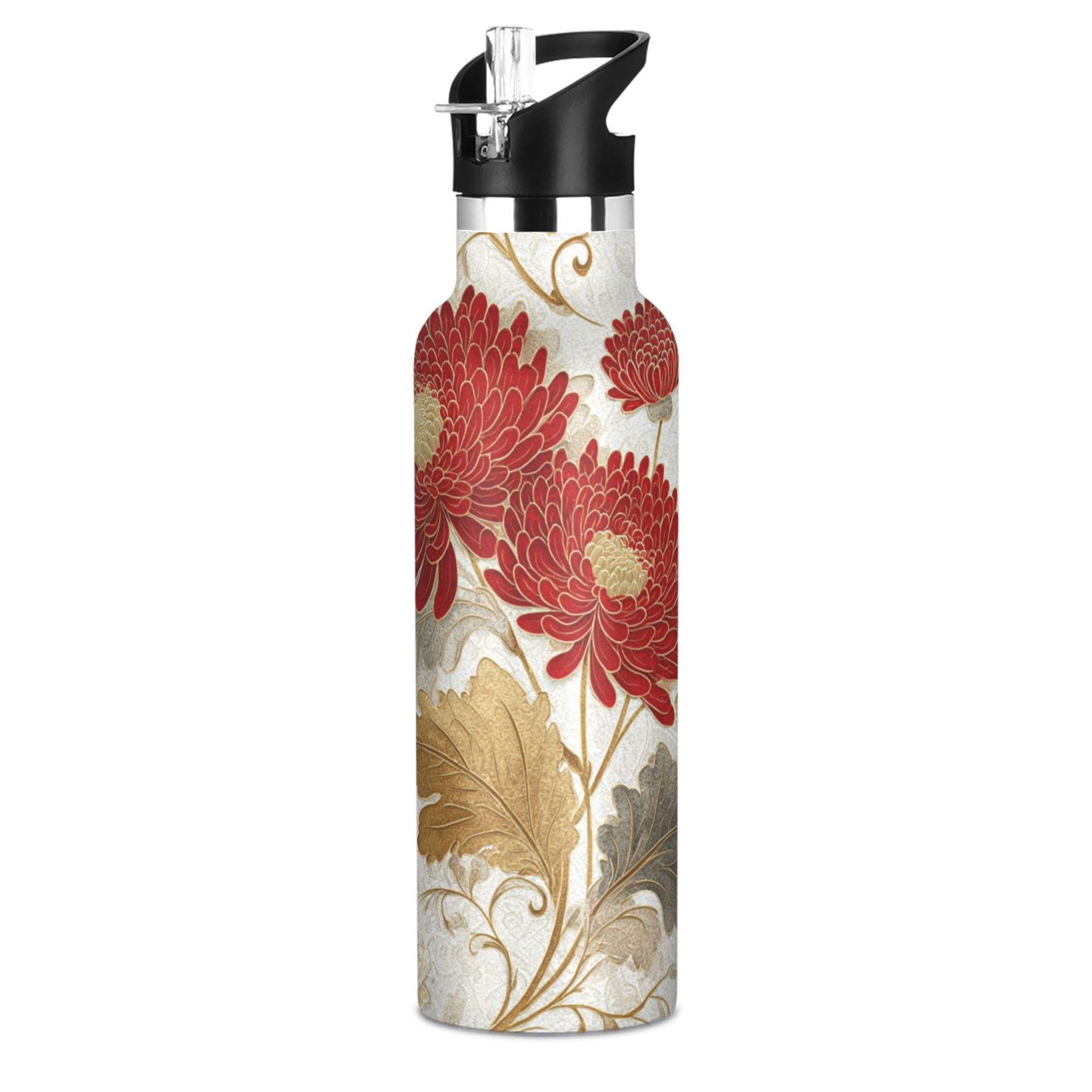 Kids Insulated Stainless Steel Sports Water Bottle 600ml (20oz) Red Chrysanthemum Pattern