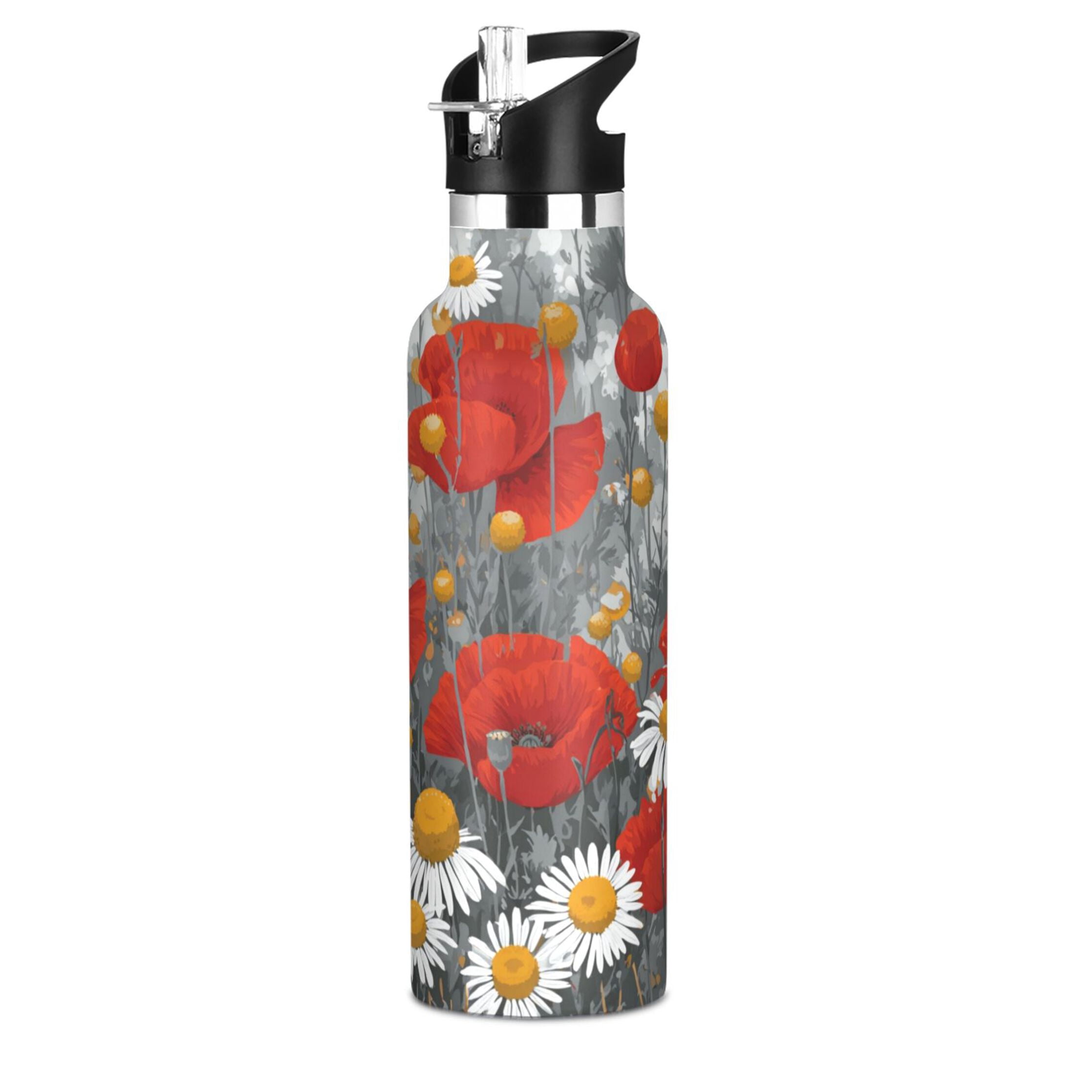 Kids Insulated Stainless Steel Sports Water Bottle 600ml (20oz) Red Flowers and Daisies