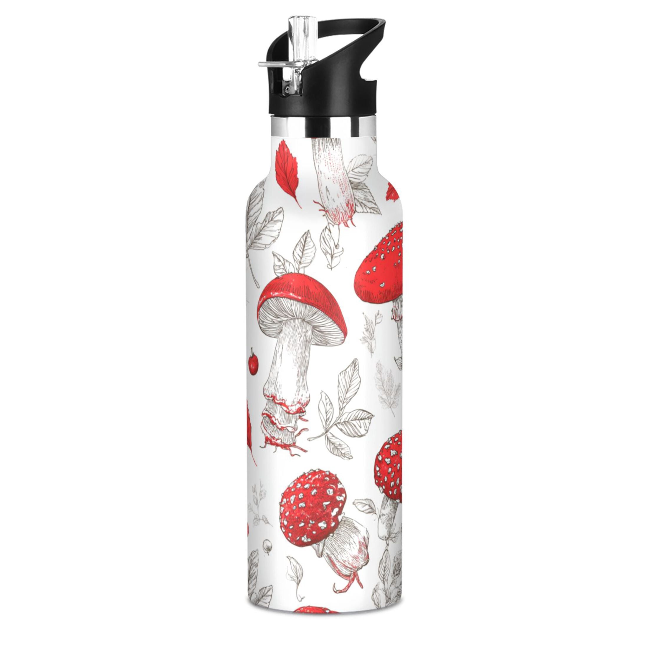 Kids Insulated Stainless Steel Sports Water Bottle 600ml (20oz) Red Mushrooms Pattern