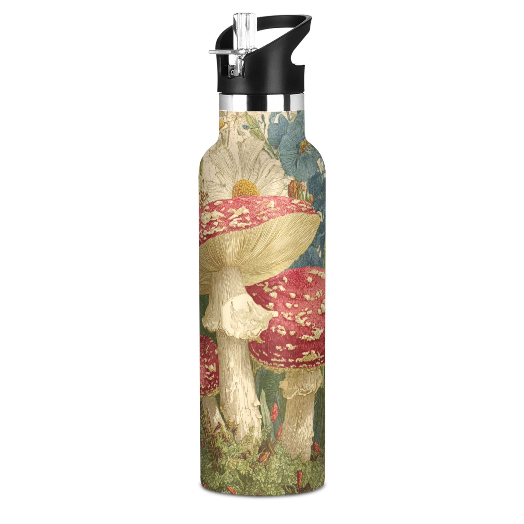 Kids Insulated Stainless Steel Sports Water Bottle 600ml (20oz) Red Mushrooms with Flowers