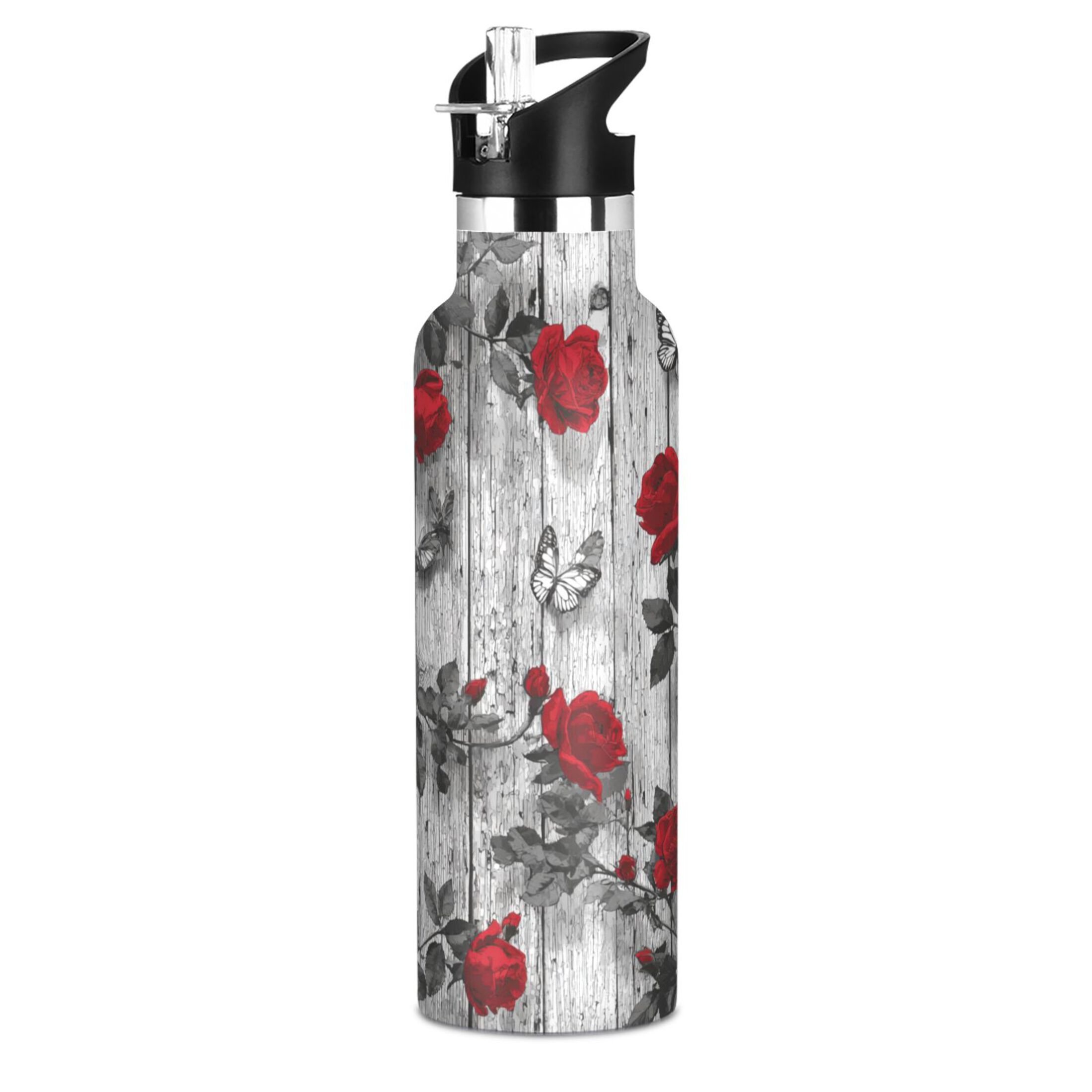 Kids Insulated Stainless Steel Sports Water Bottle 600ml (20oz) Red Roses and Butterflies