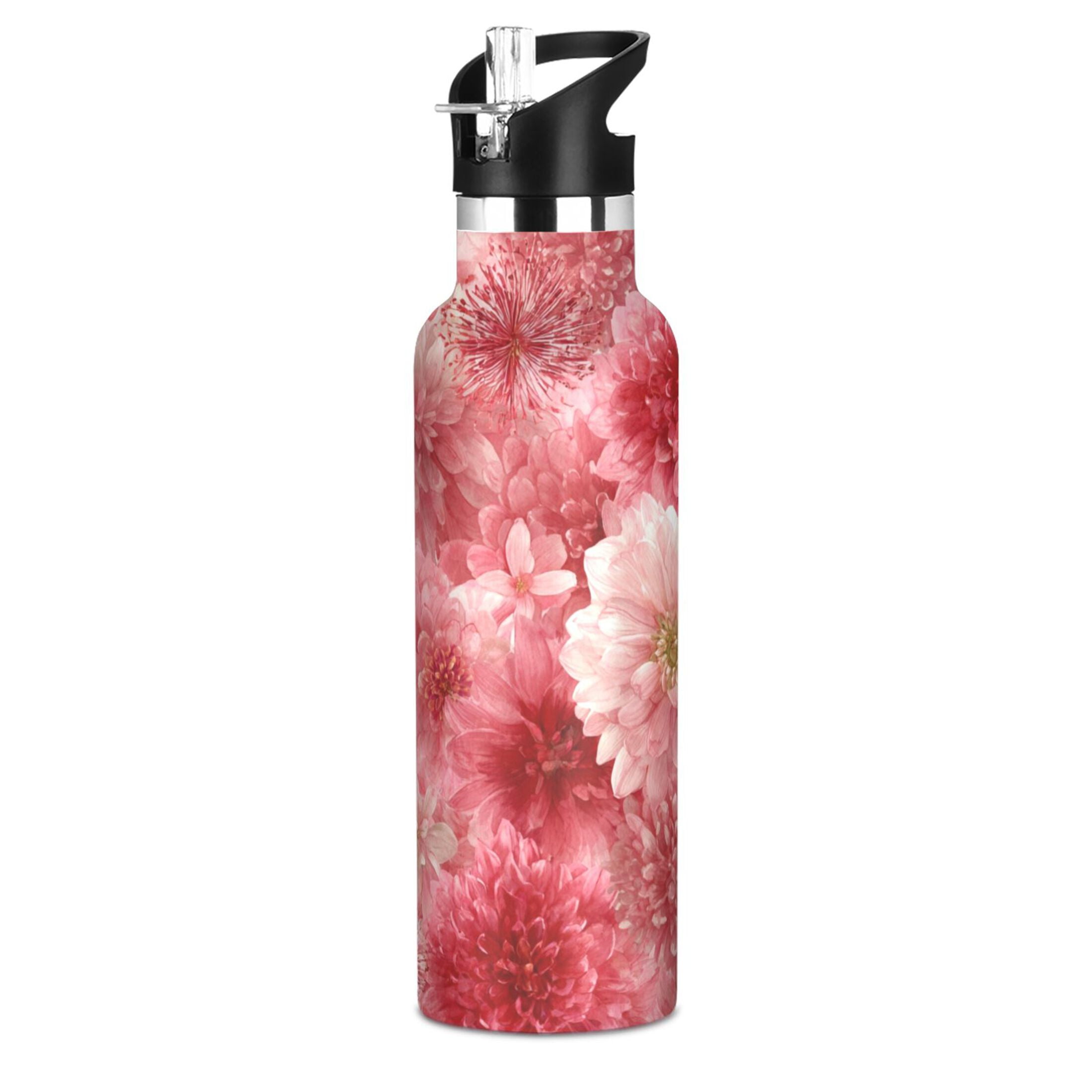 Kids Insulated Stainless Steel Sports Water Bottle 600ml (20oz) Red Watercolor Flowers