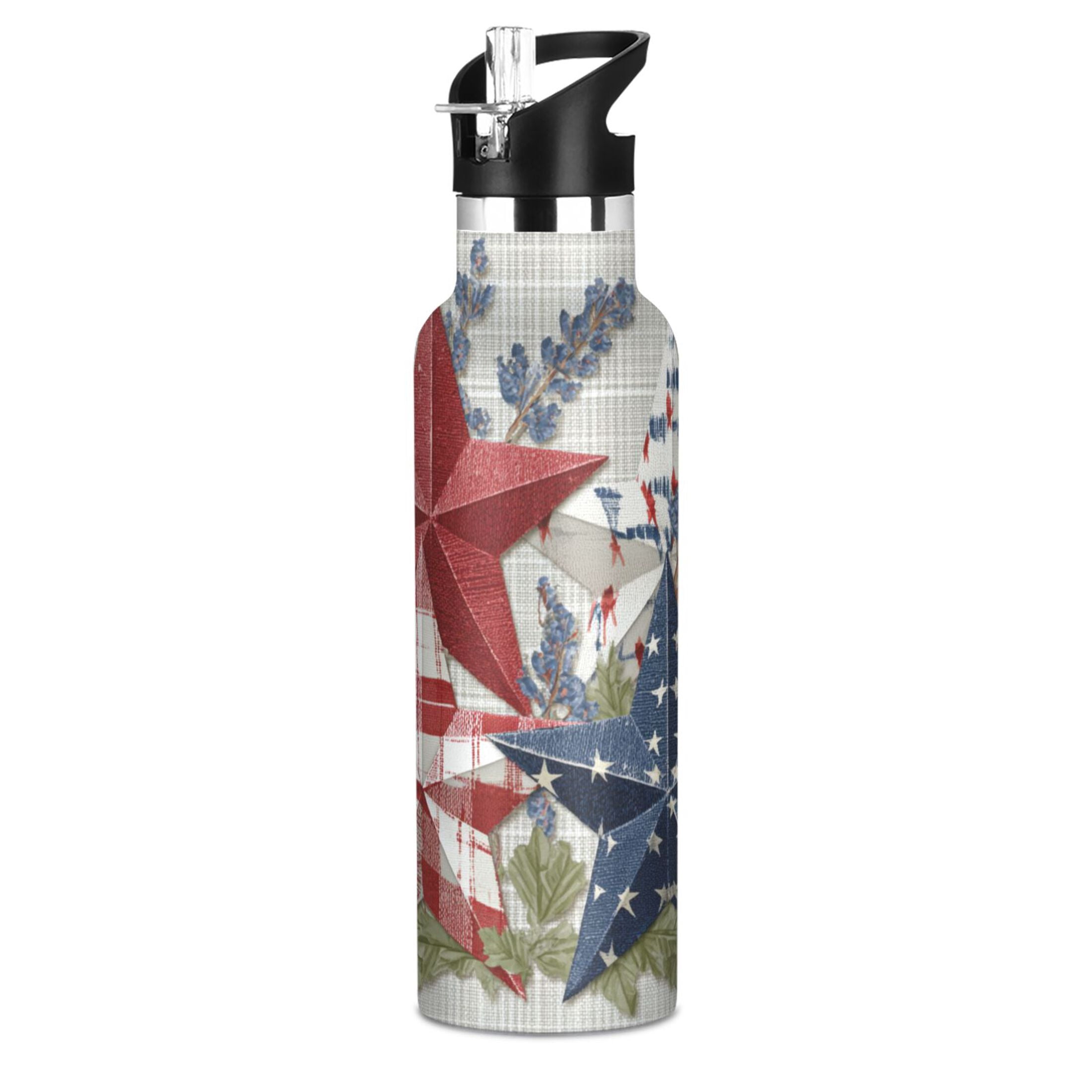 Kids Insulated Stainless Steel Sports Water Bottle 600ml (20oz) Red White and Blue Stars