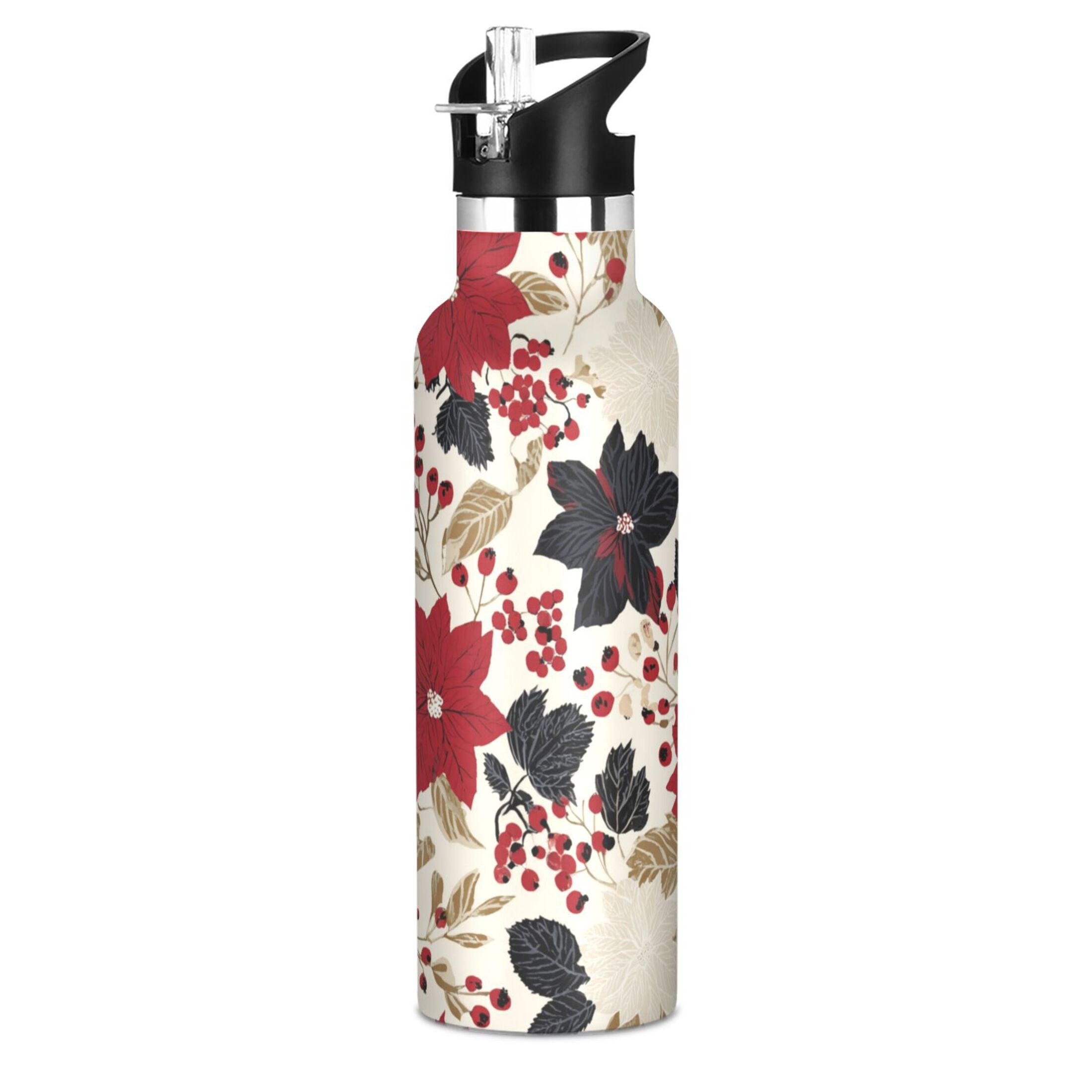 Kids Insulated Stainless Steel Sports Water Bottle 600ml (20oz) Red and Blacks Holly Leaves