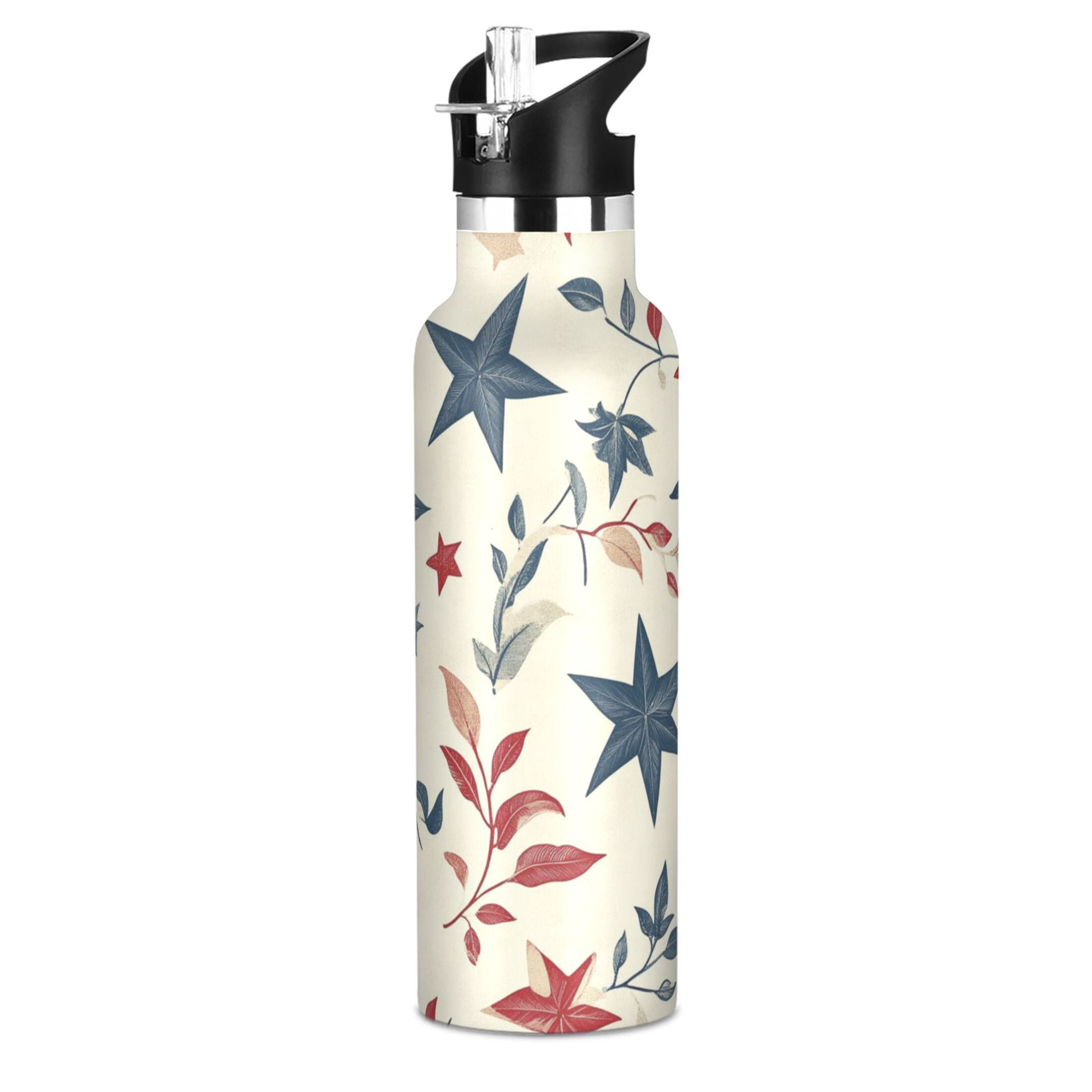 Kids Insulated Stainless Steel Sports Water Bottle 600ml (20oz) Red and Blue Leafy Designs