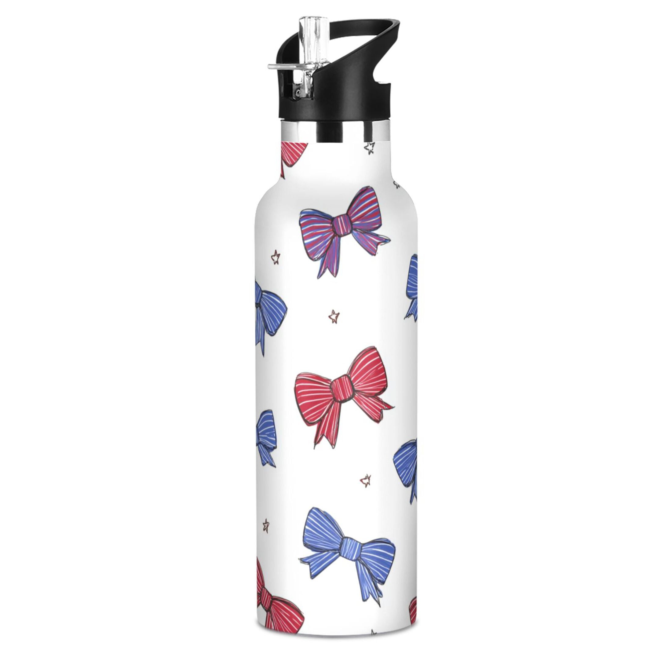 Kids Insulated Stainless Steel Sports Water Bottle 600ml (20oz) Red and Blue Stripe Bows