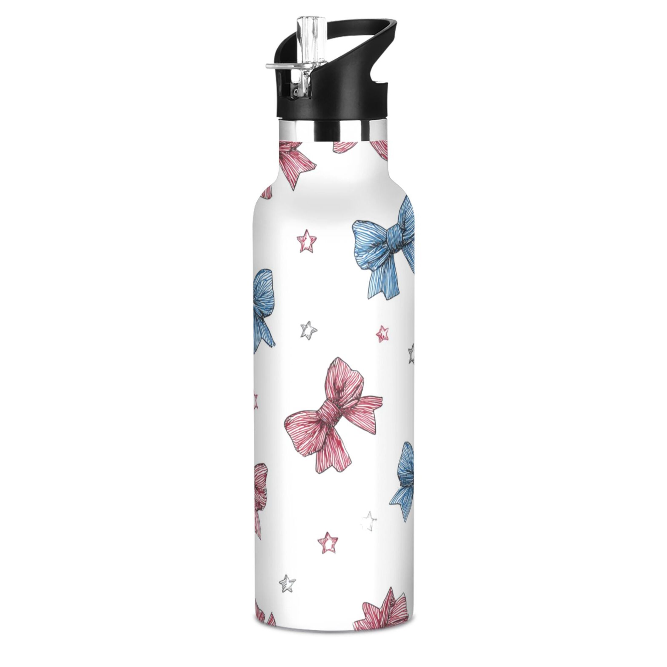 Kids Insulated Stainless Steel Sports Water Bottle 600ml (20oz) Red and Blue Stripes Bows