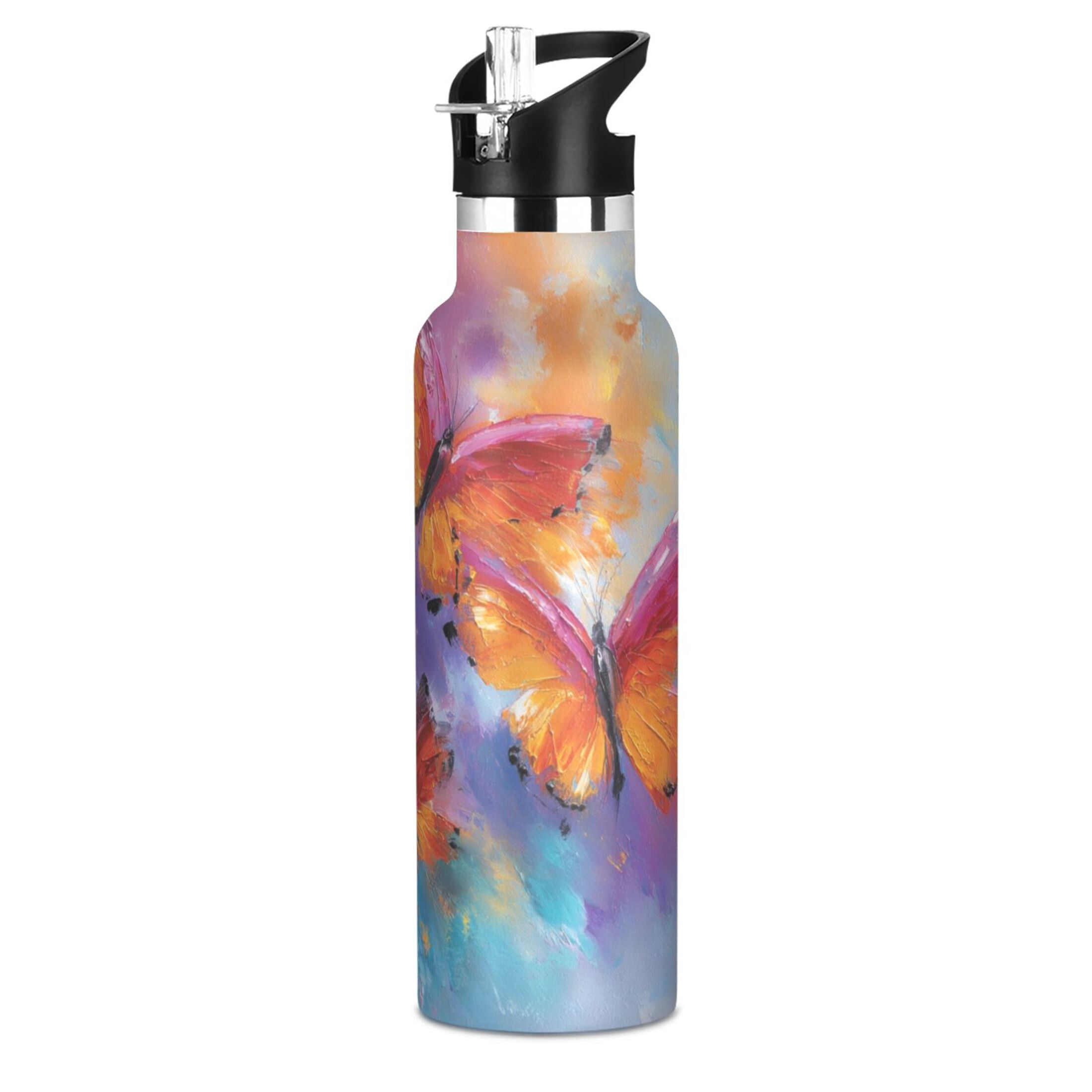 Kids Insulated Stainless Steel Sports Water Bottle 600ml (20oz) Red and Orange Butterflies
