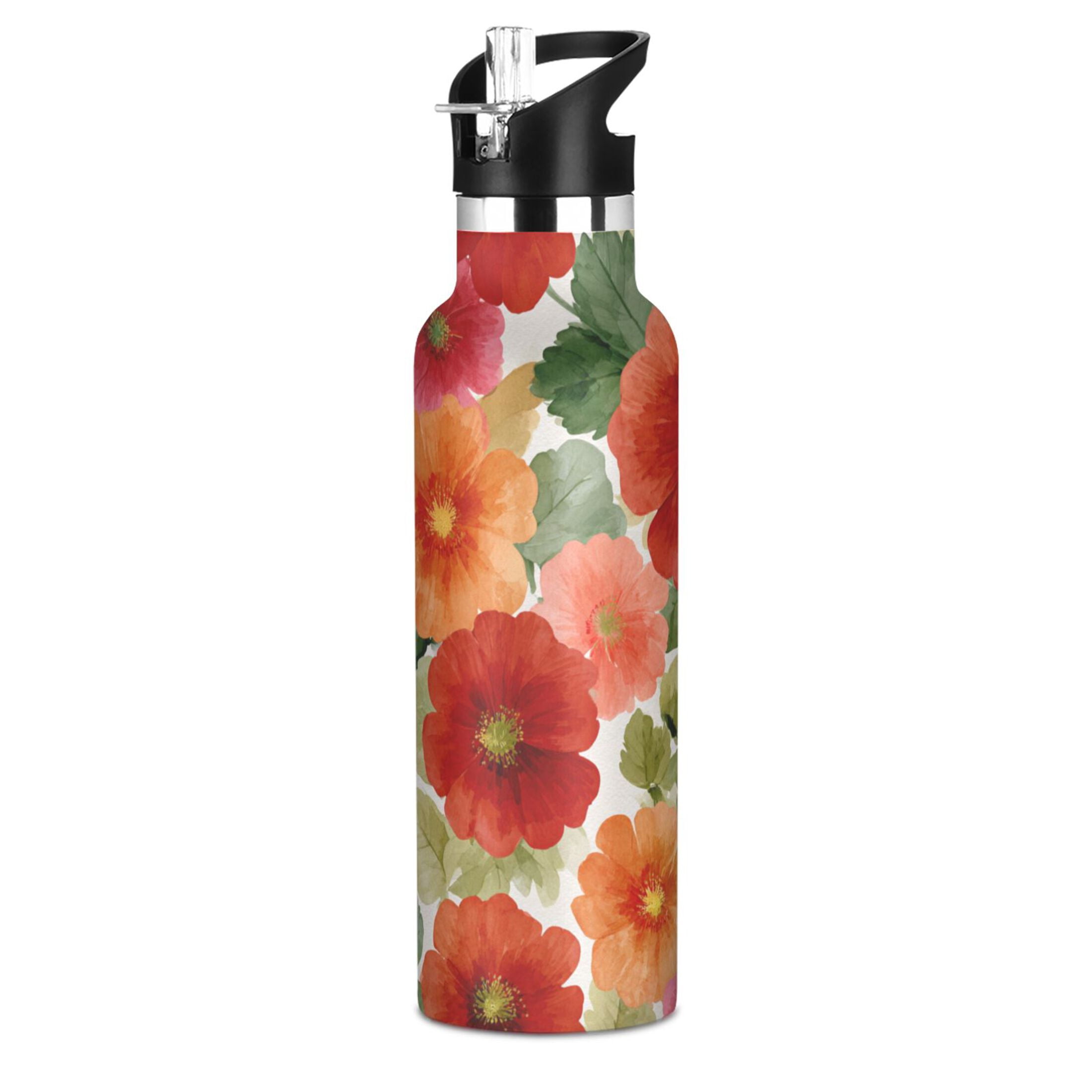 Kids Insulated Stainless Steel Sports Water Bottle 600ml (20oz) Red and Orange Flowers