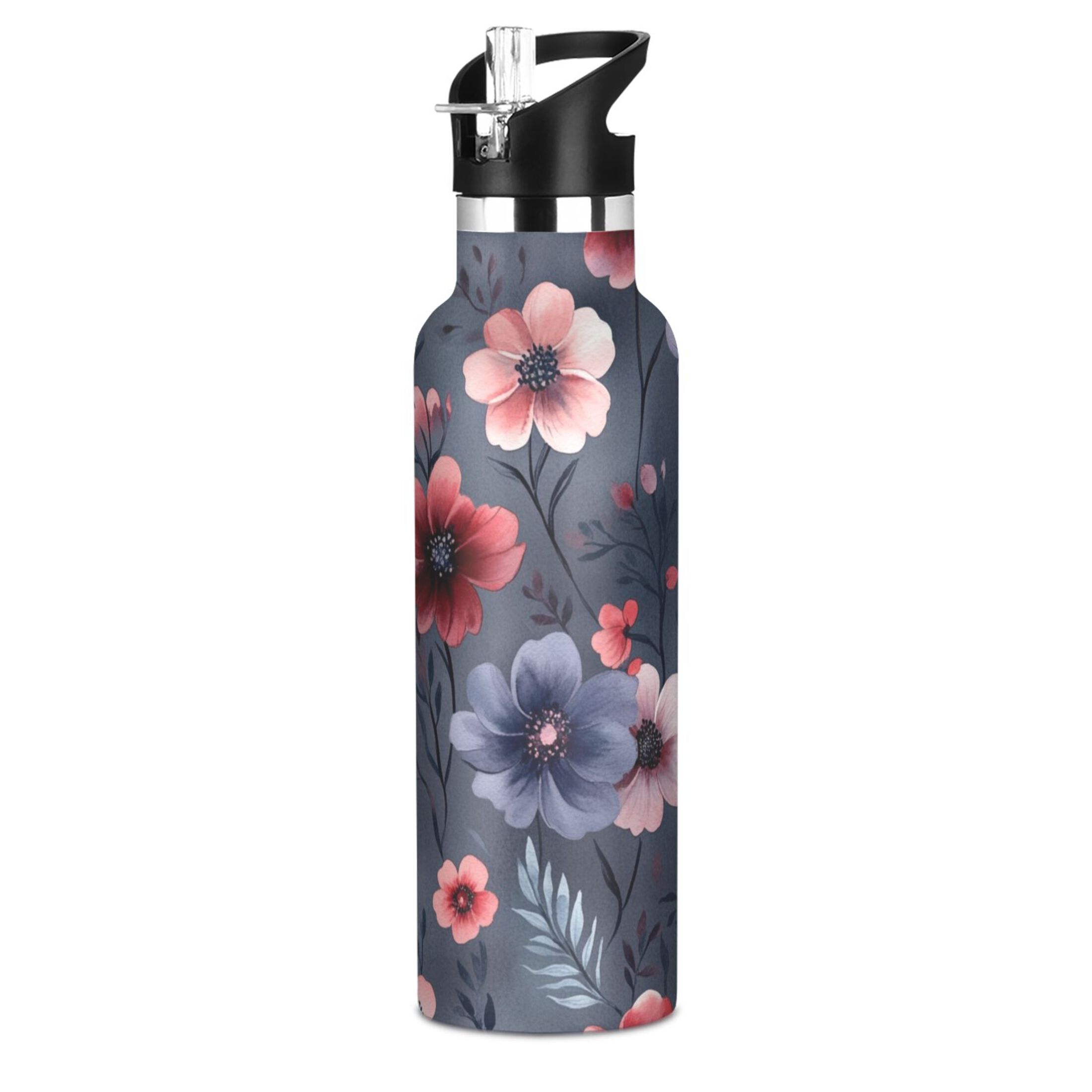 Kids Insulated Stainless Steel Sports Water Bottle 600ml (20oz) Red and Purple Floral Pattern