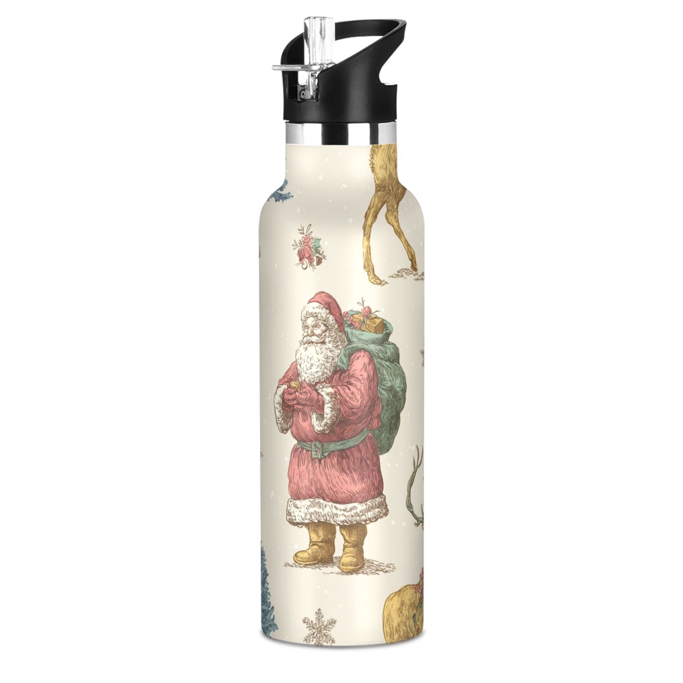Kids Insulated Stainless Steel Sports Water Bottle 600ml (20oz) Retro Santa Claus and Reindeer