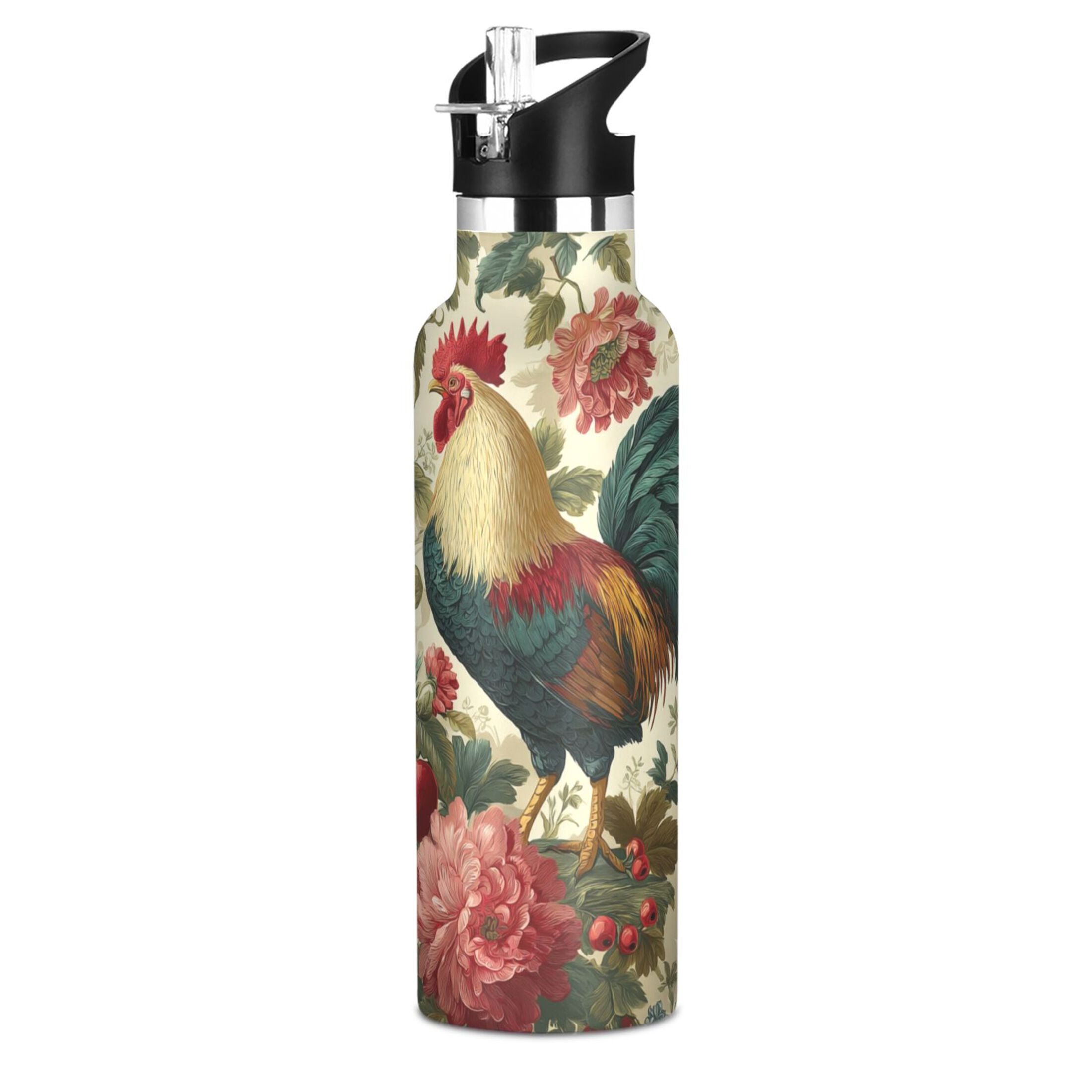 Kids Insulated Stainless Steel Sports Water Bottle 600ml (20oz) Rooster and Vintage Floral