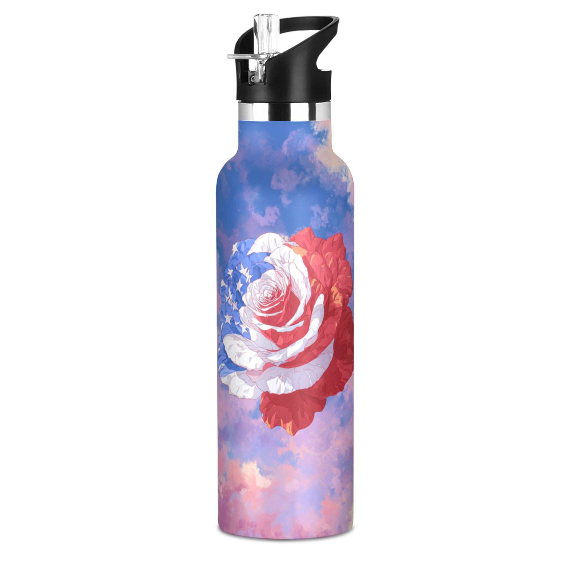 Kids Insulated Stainless Steel Sports Water Bottle 600ml (20oz) Rose with Flag Pattern