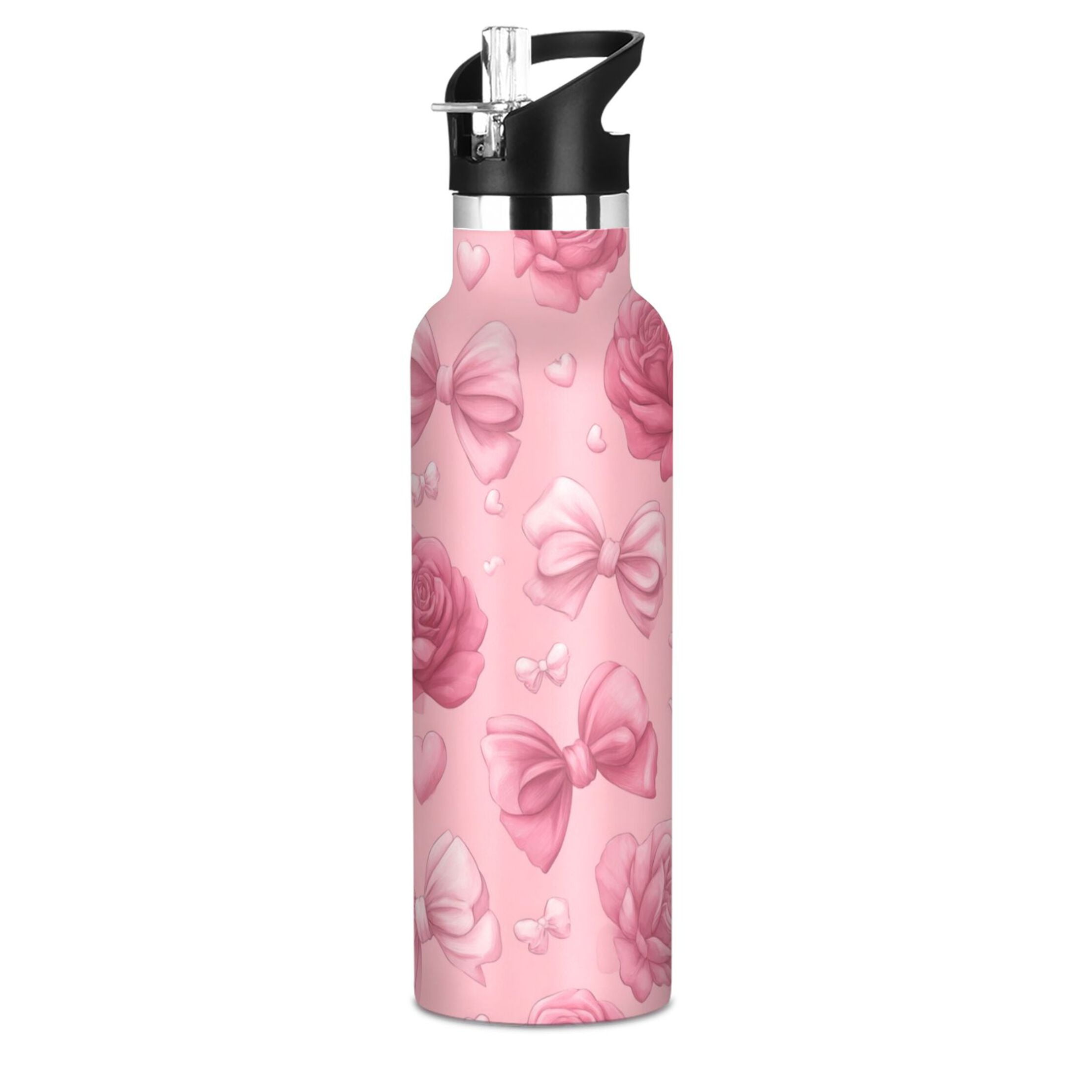 Kids Insulated Stainless Steel Sports Water Bottle 600ml (20oz) Roses and Bows Pattern