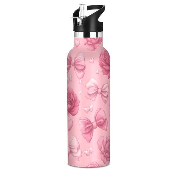 Kids Insulated Stainless Steel Sports Water Bottle 600ml (20oz) Roses and Bows Pattern