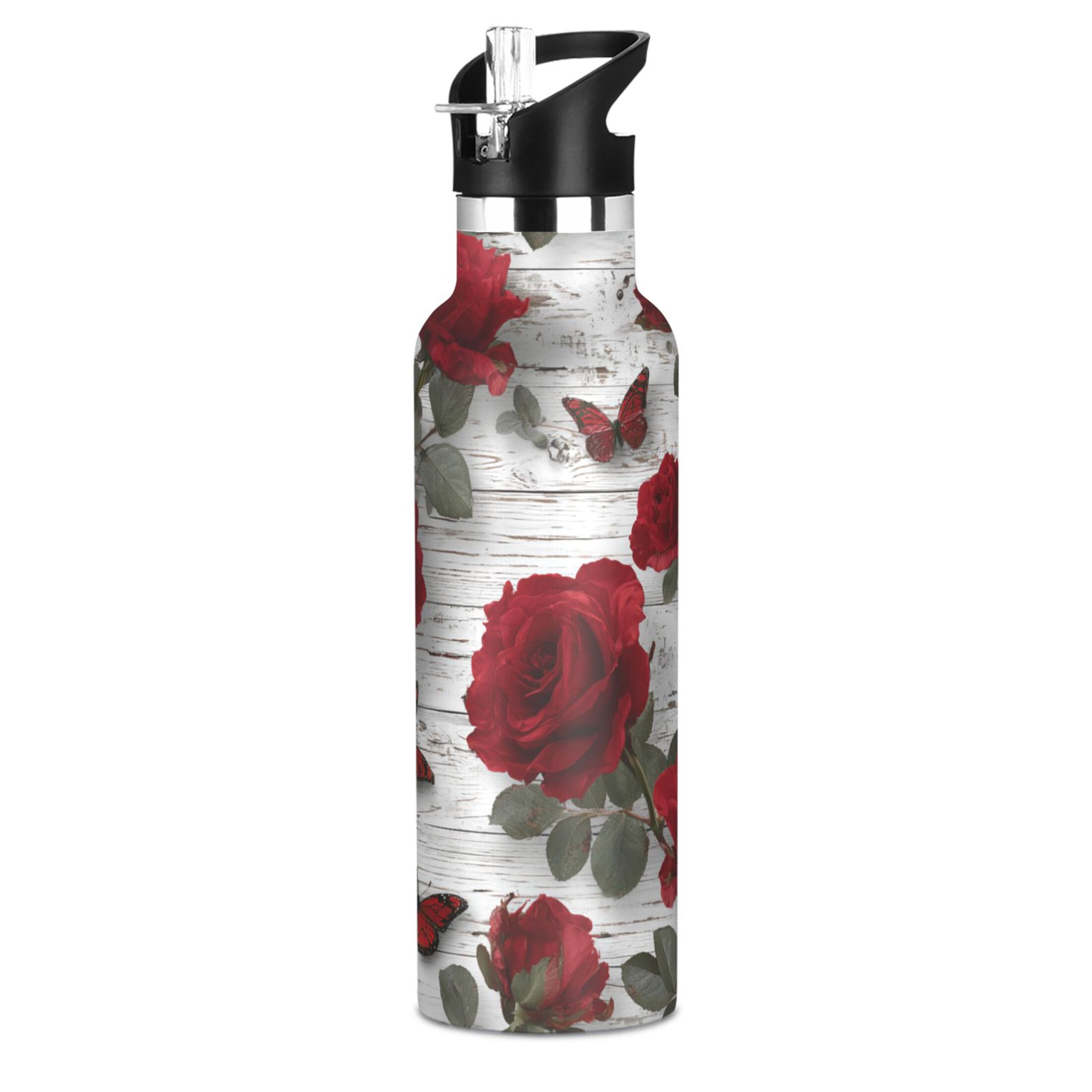 Kids Insulated Stainless Steel Sports Water Bottle 600ml (20oz) Roses and Butterflies Pattern