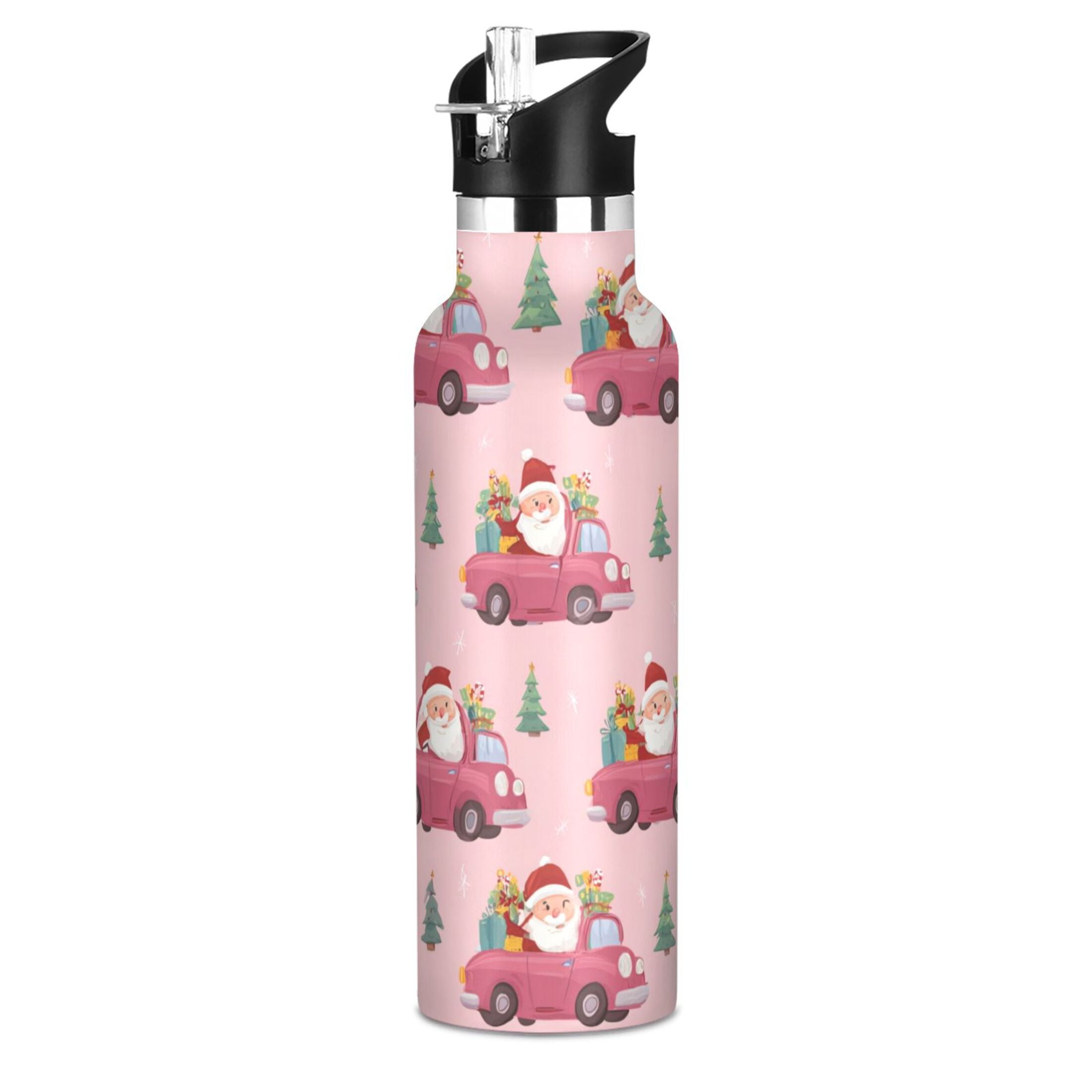 Kids Insulated Stainless Steel Sports Water Bottle 600ml (20oz) Santa Claus Driving in Red Cars