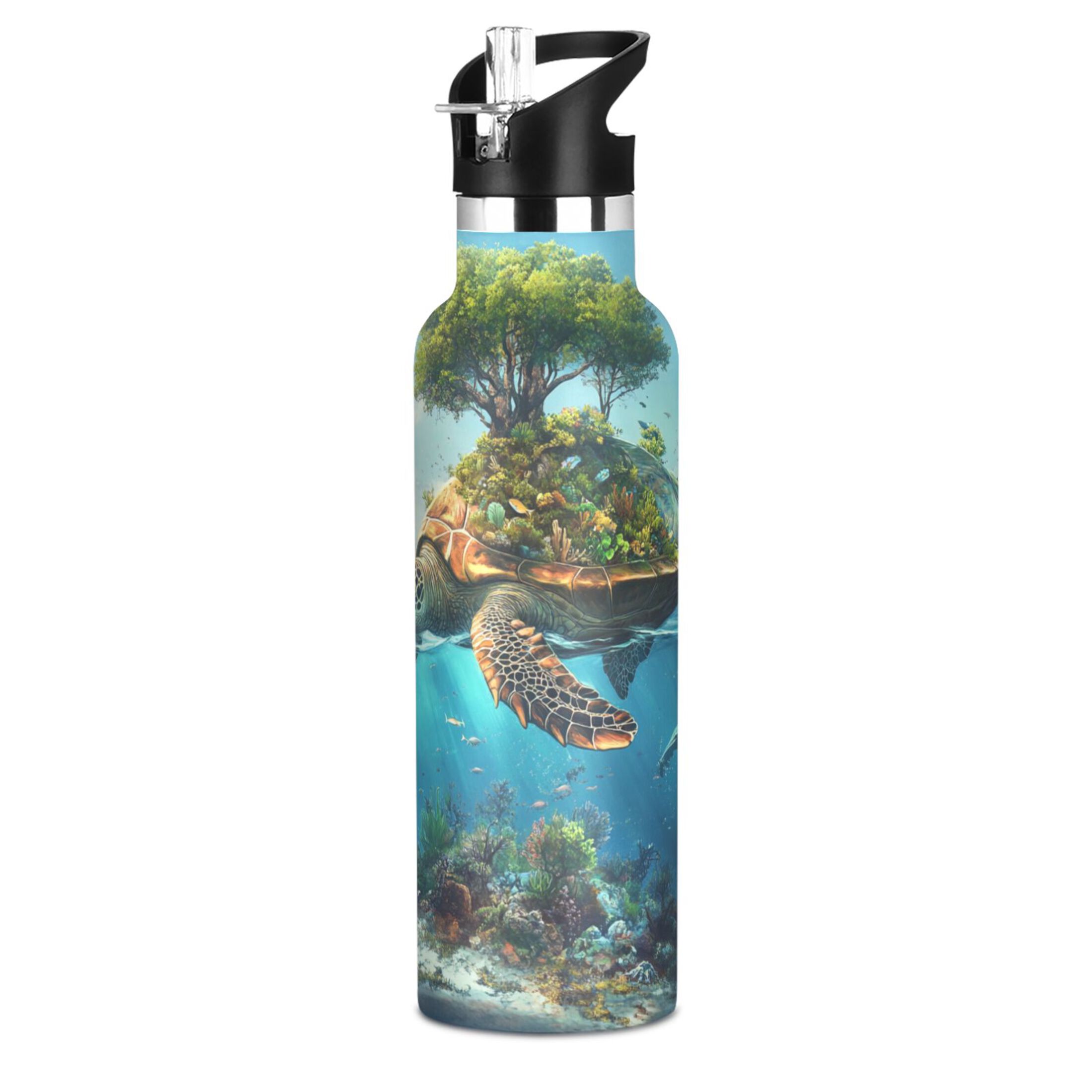 Kids Insulated Stainless Steel Sports Water Bottle 600ml (20oz) Sea Turtle Carrying Island