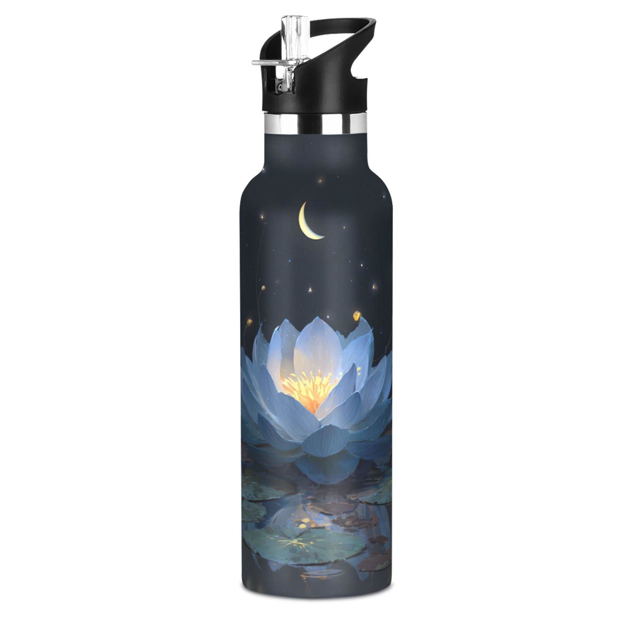 Kids Insulated Stainless Steel Sports Water Bottle 600ml (20oz) Serene Blue Lotus Flower