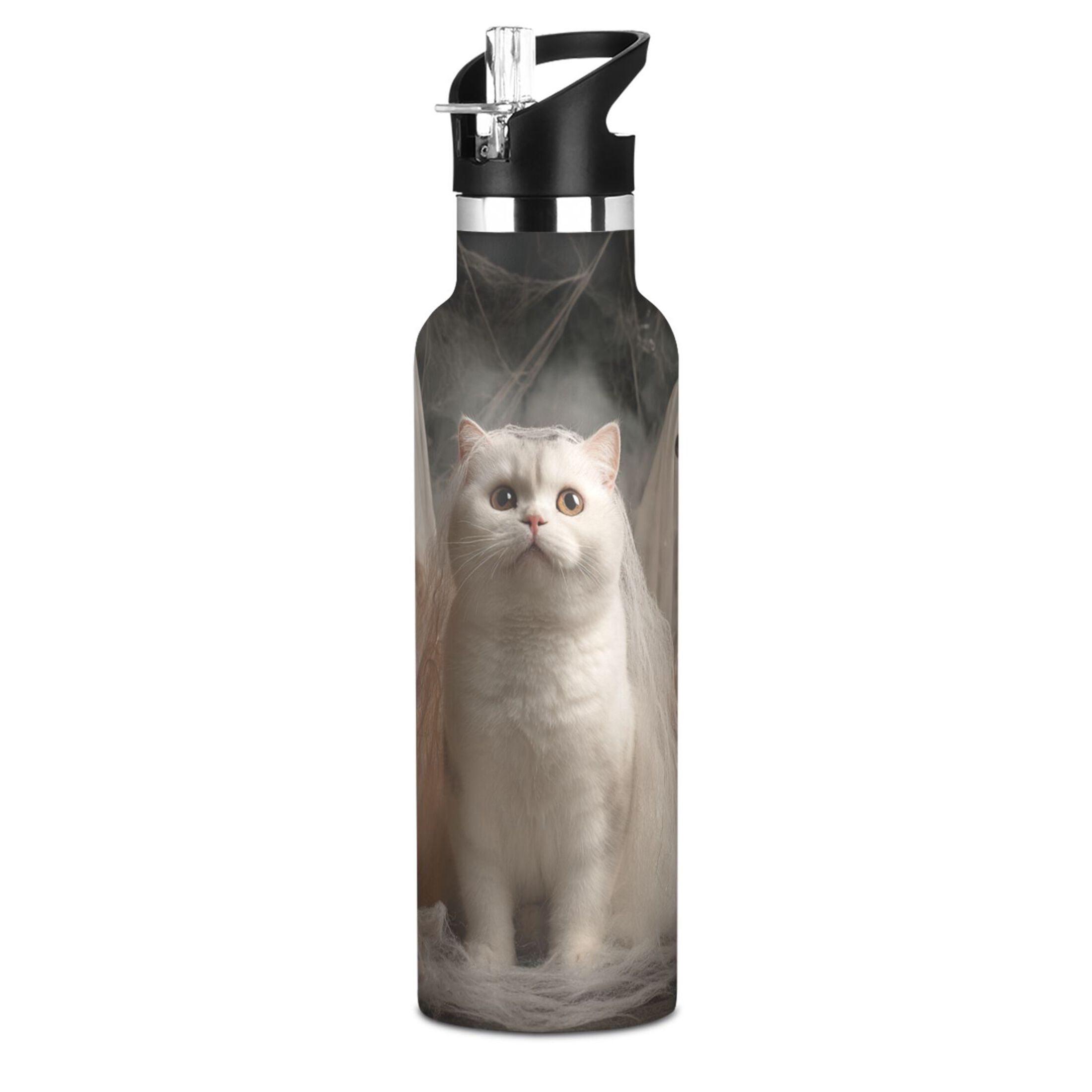 Kids Insulated Stainless Steel Sports Water Bottle 600ml (20oz) Shorthair Cat and White Gauze
