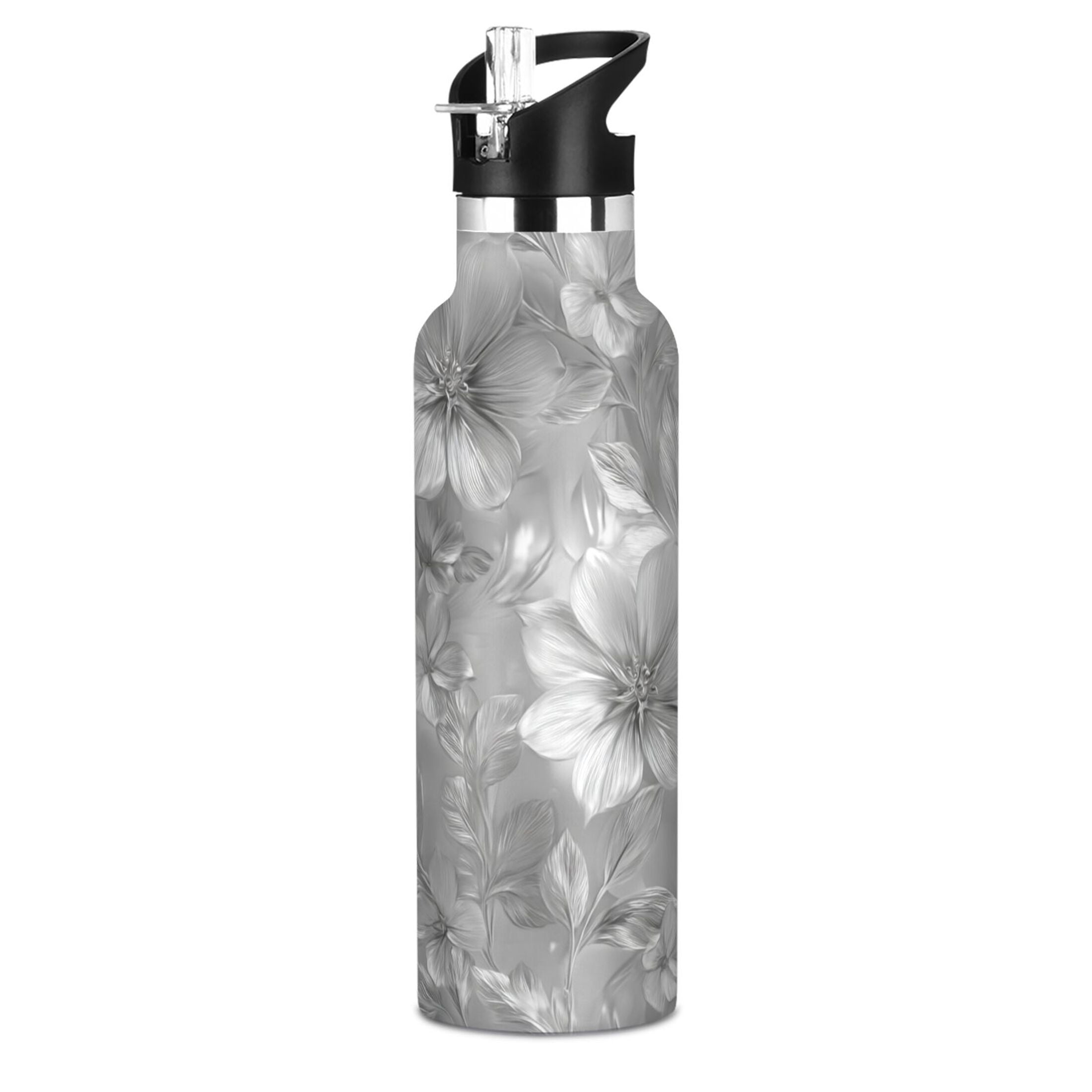 Kids Insulated Stainless Steel Sports Water Bottle 600ml (20oz) Silver Metal Flower Pattern