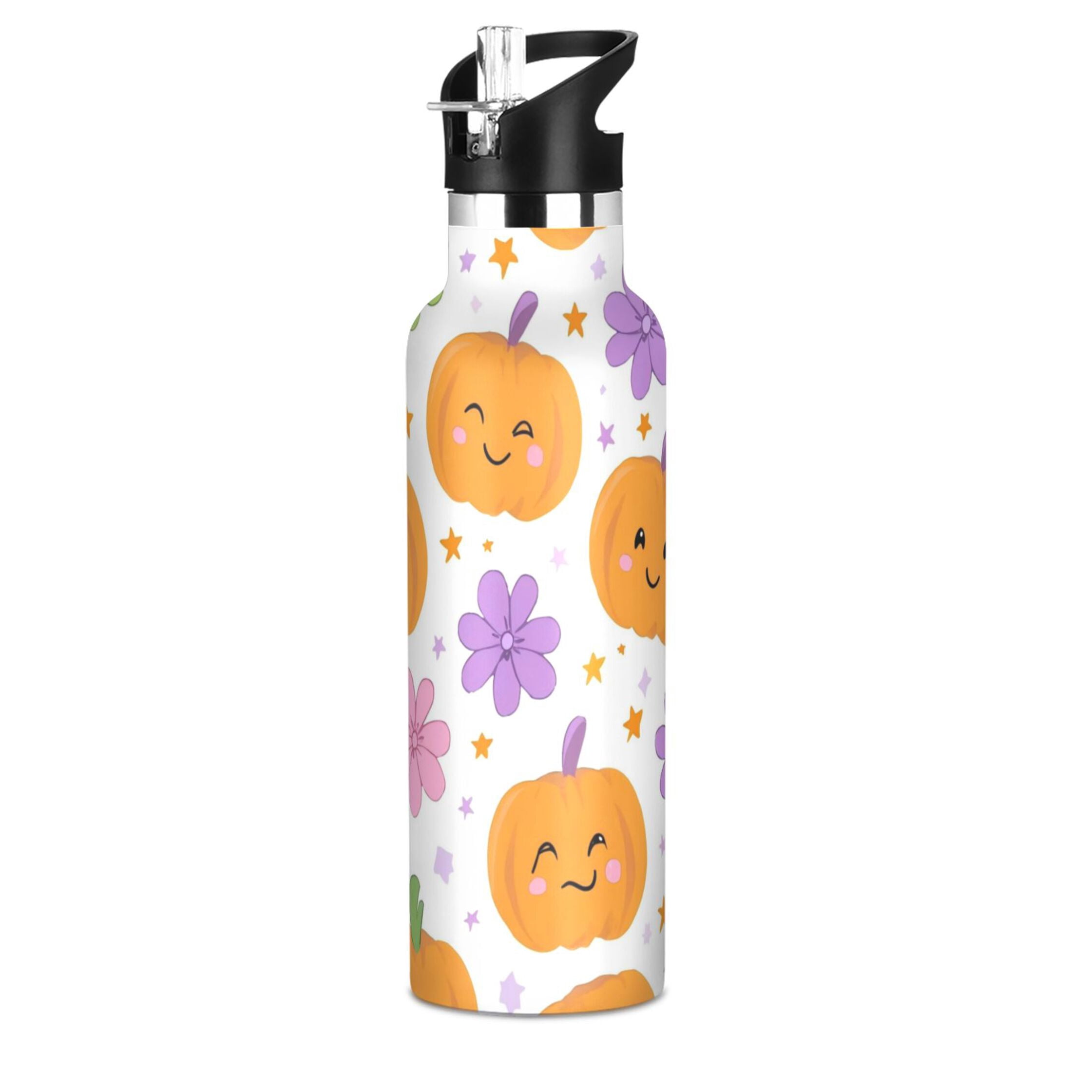 Kids Insulated Stainless Steel Sports Water Bottle 600ml (20oz) Smiling Pumpkins and Flowers