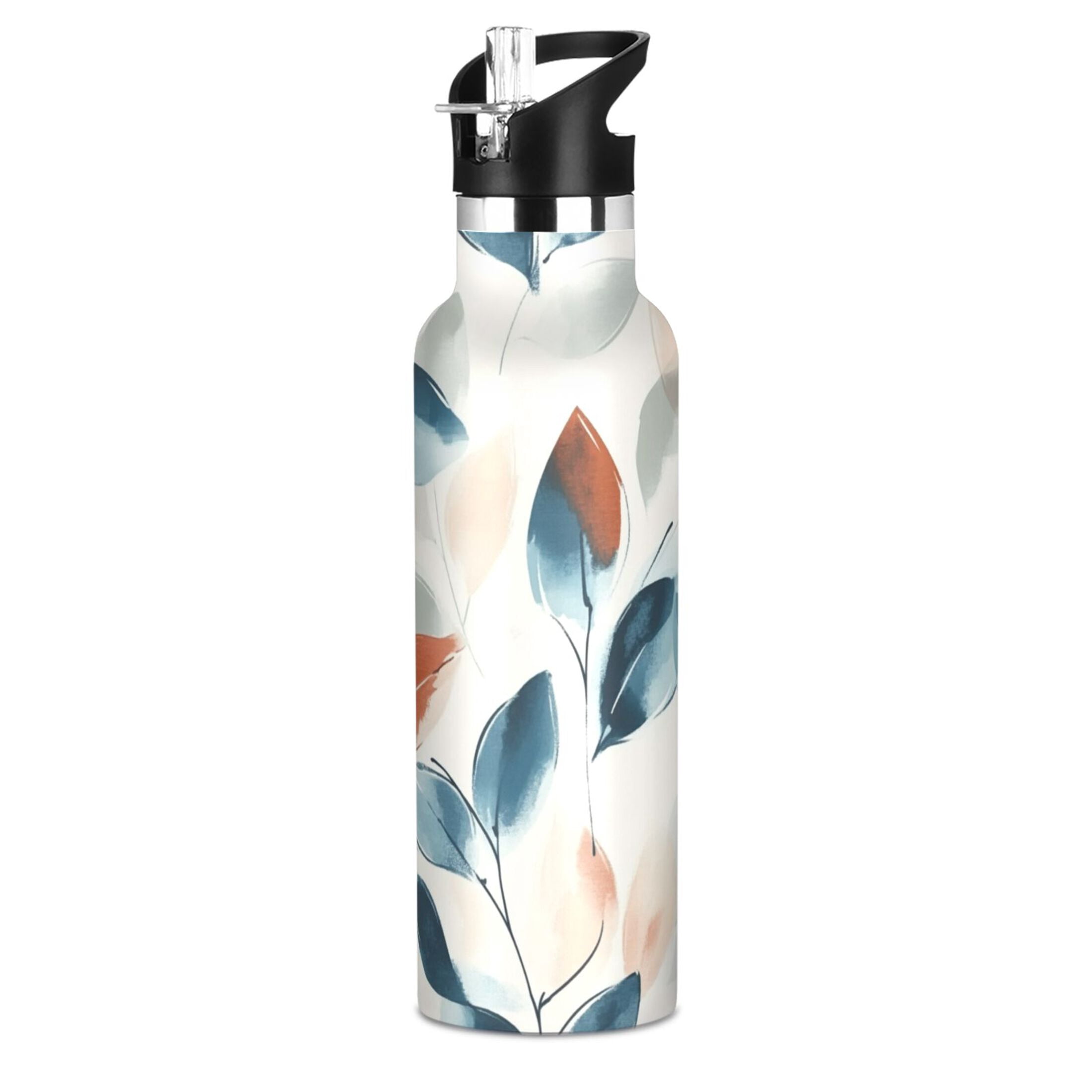 Kids Insulated Stainless Steel Sports Water Bottle 600ml (20oz) Soft Blue Watercolor Leaves