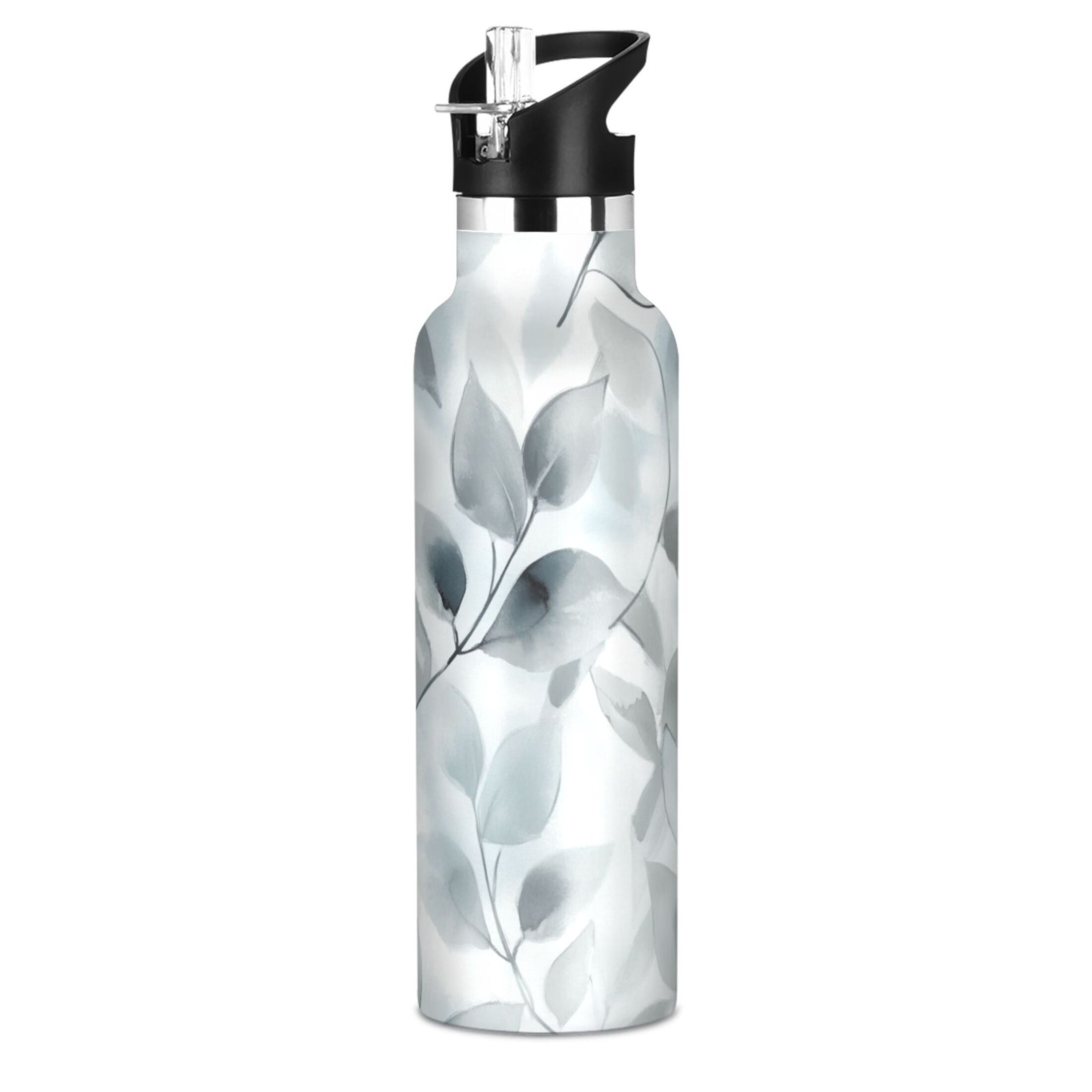 Kids Insulated Stainless Steel Sports Water Bottle 600ml (20oz) Soft Gray Leaves