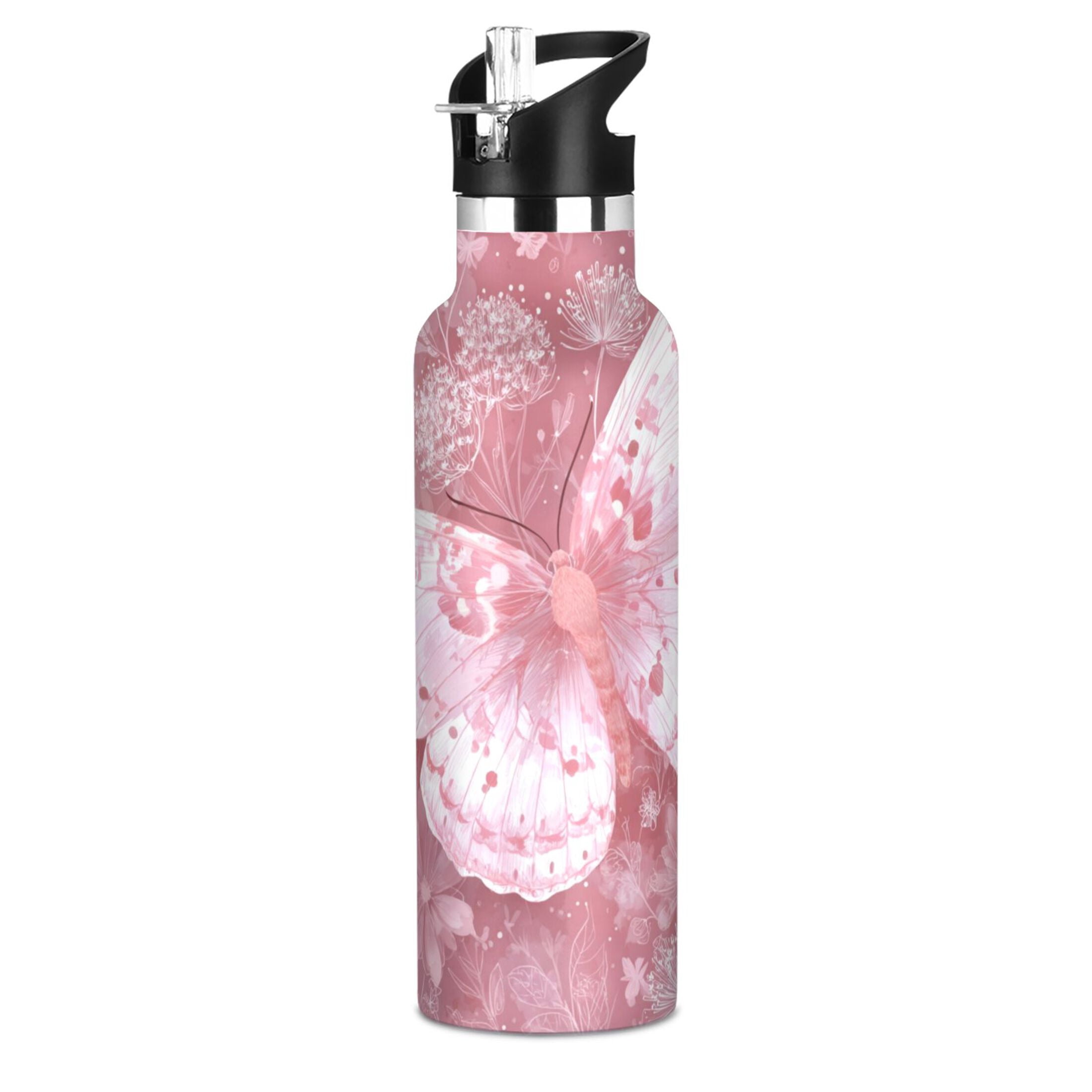 Kids Insulated Stainless Steel Sports Water Bottle 600ml (20oz) Soft Pink Butterfly