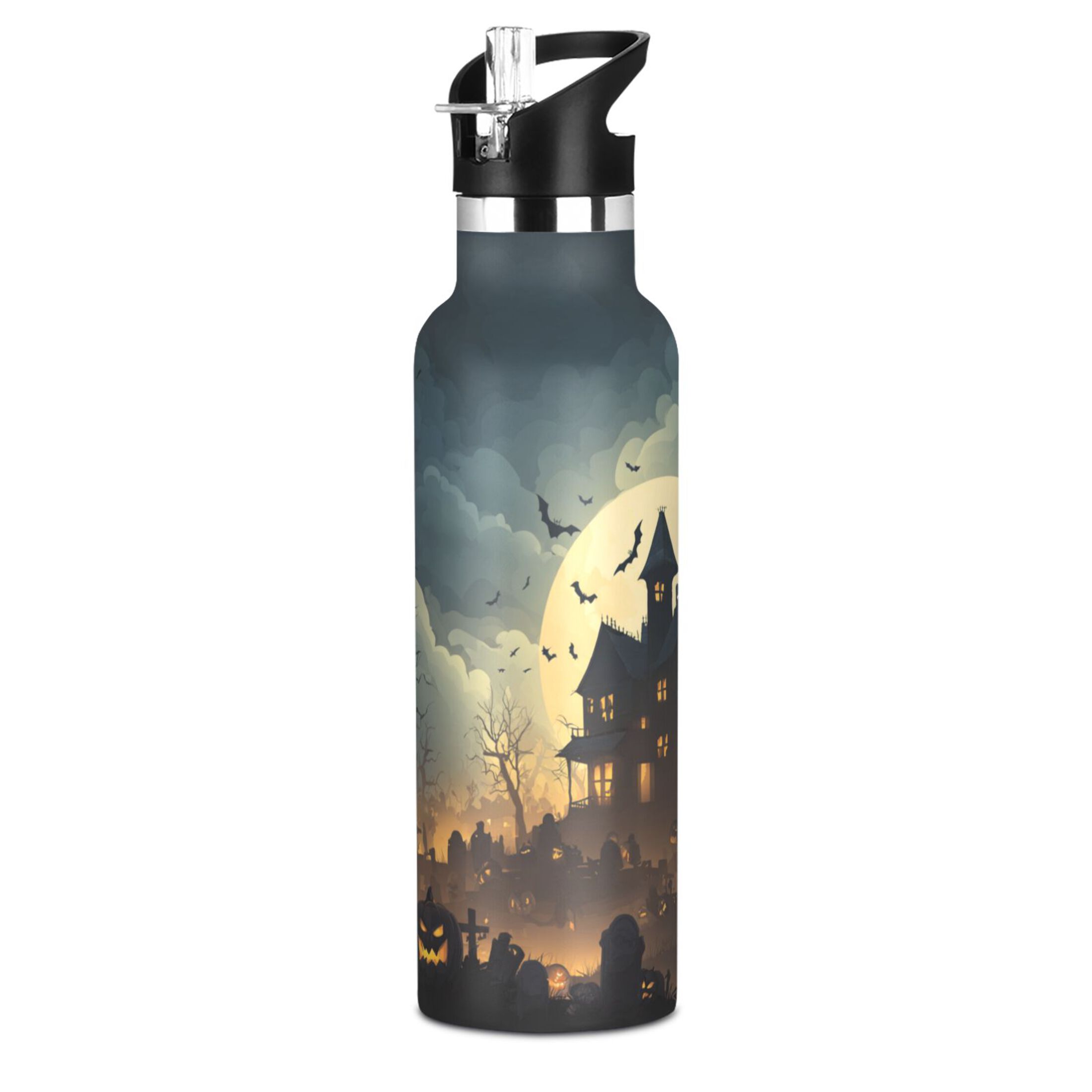 Kids Insulated Stainless Steel Sports Water Bottle 600ml (20oz) Spooky Haunted House