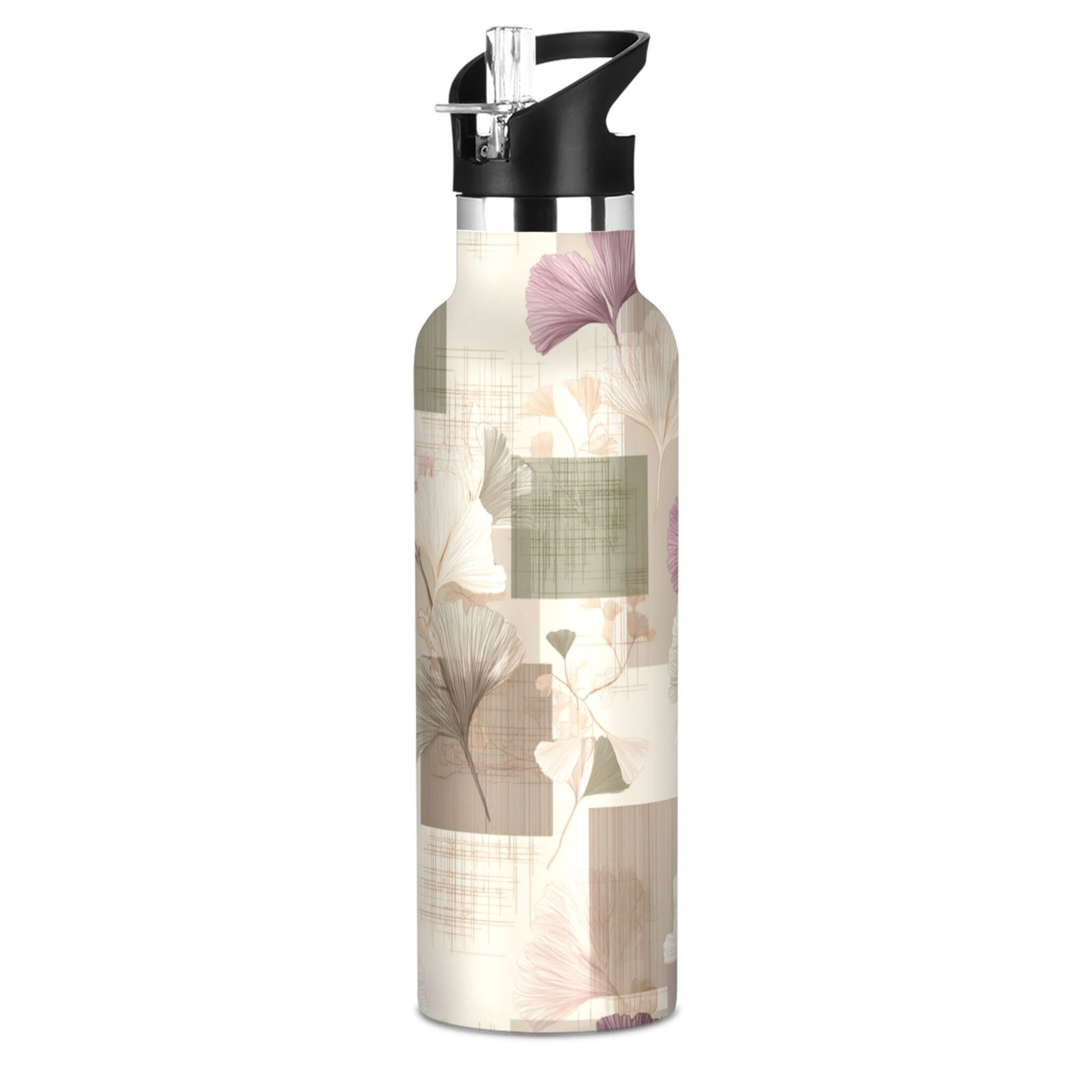 Kids Insulated Stainless Steel Sports Water Bottle 600ml (20oz) Squares and Ginkgo Leaves Pattern