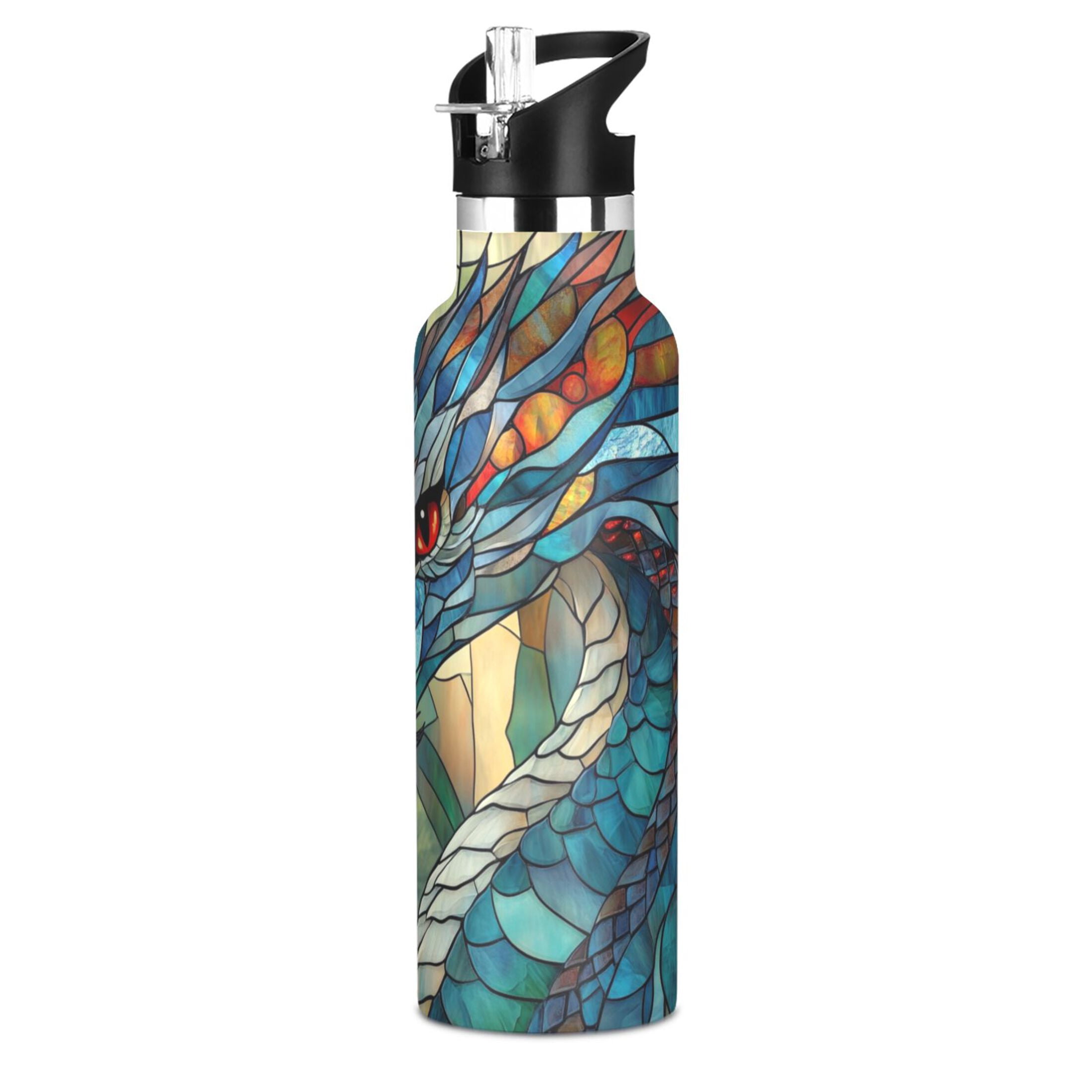Kids Insulated Stainless Steel Sports Water Bottle 600ml (20oz) Stained Glass Dragon