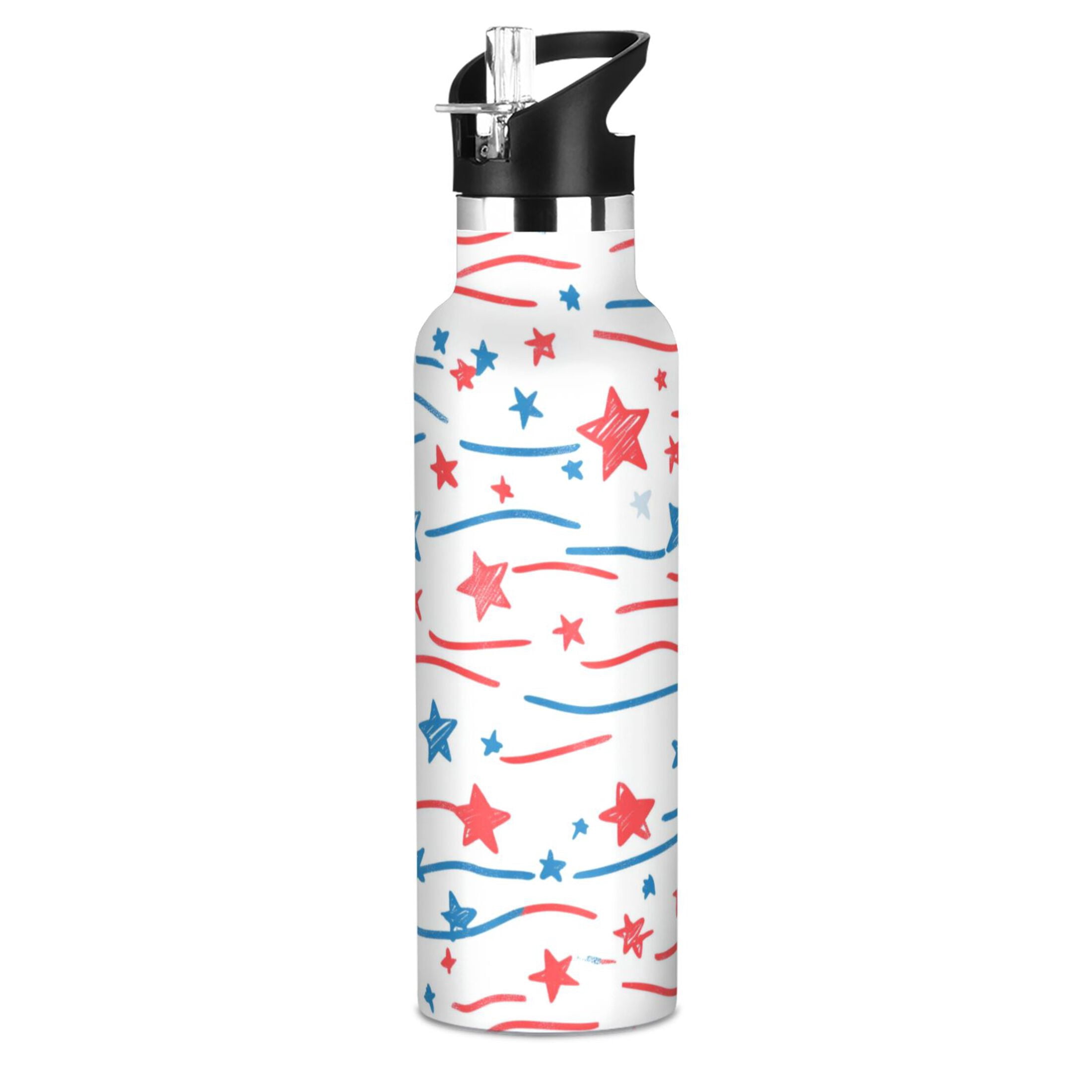 Kids Insulated Stainless Steel Sports Water Bottle 600ml (20oz) Star Doodle Stripes