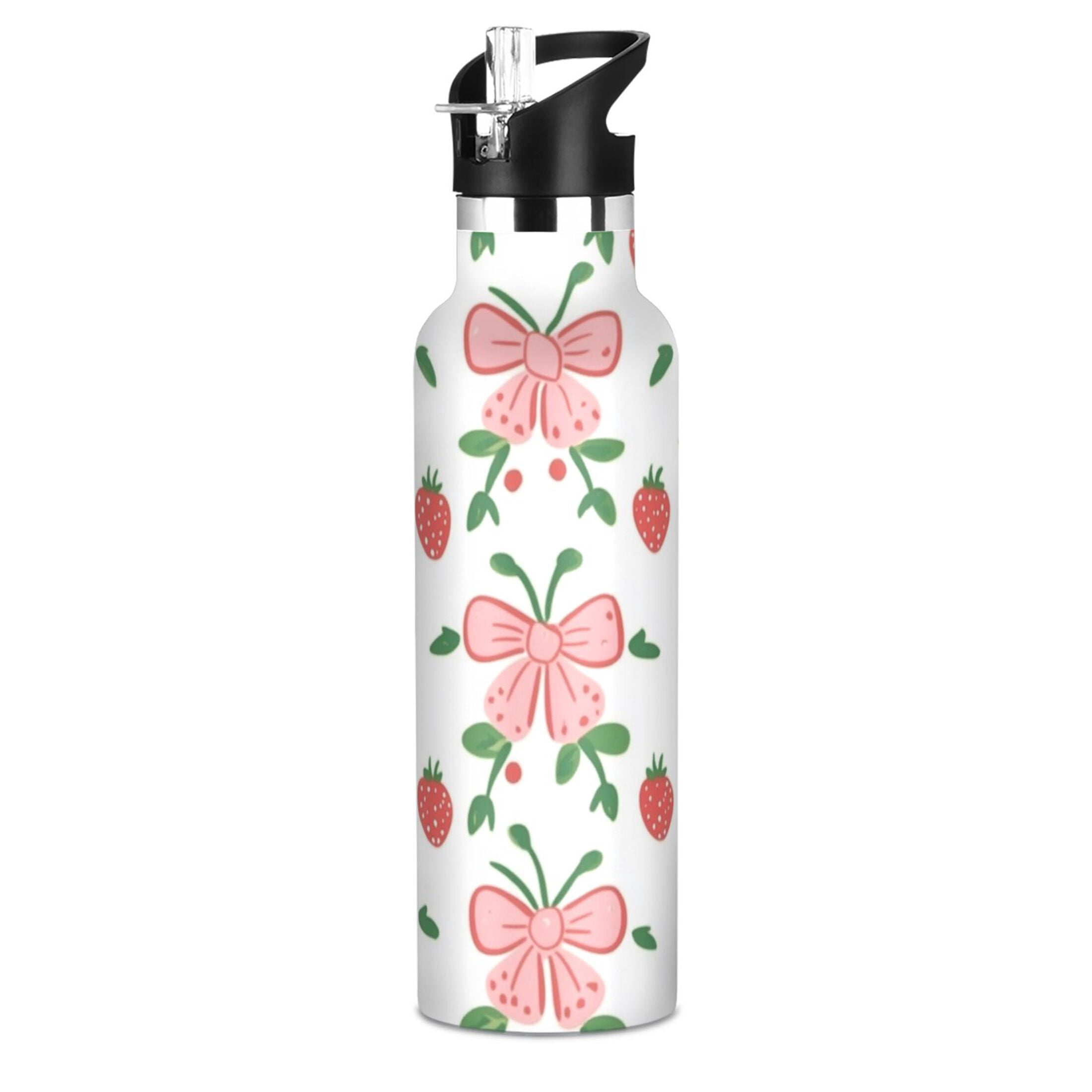 Kids Insulated Stainless Steel Sports Water Bottle 600ml (20oz) Strawberry Bow Pattern