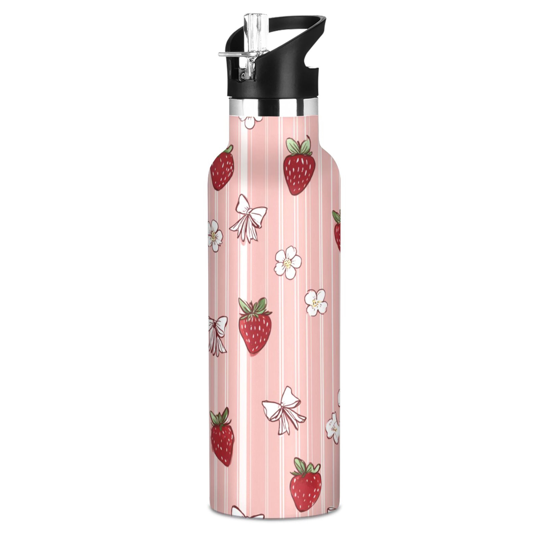 Kids Insulated Stainless Steel Sports Water Bottle 600ml (20oz) Strawberry and Flower
