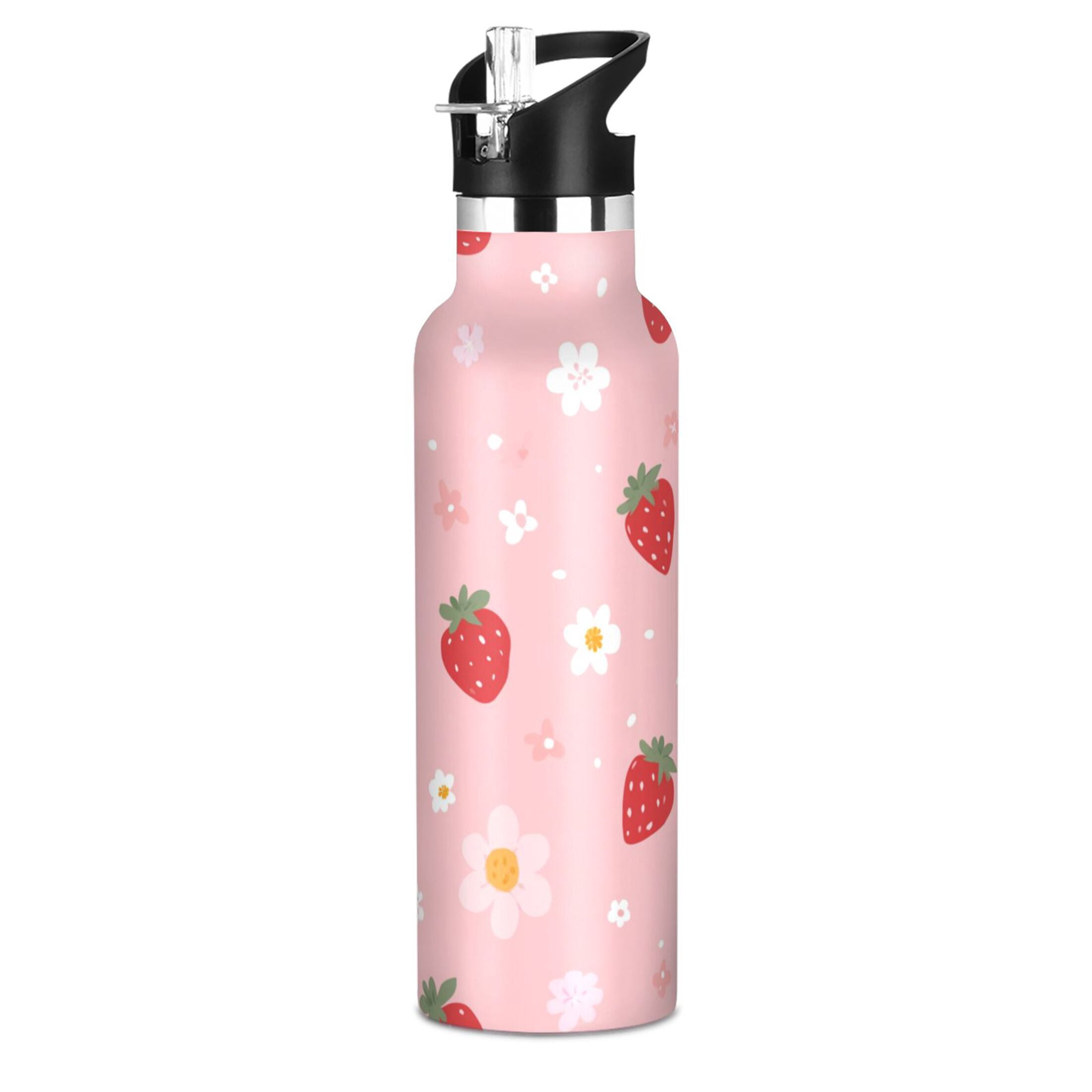 Kids Insulated Stainless Steel Sports Water Bottle 600ml (20oz) Strawberry and Flowers