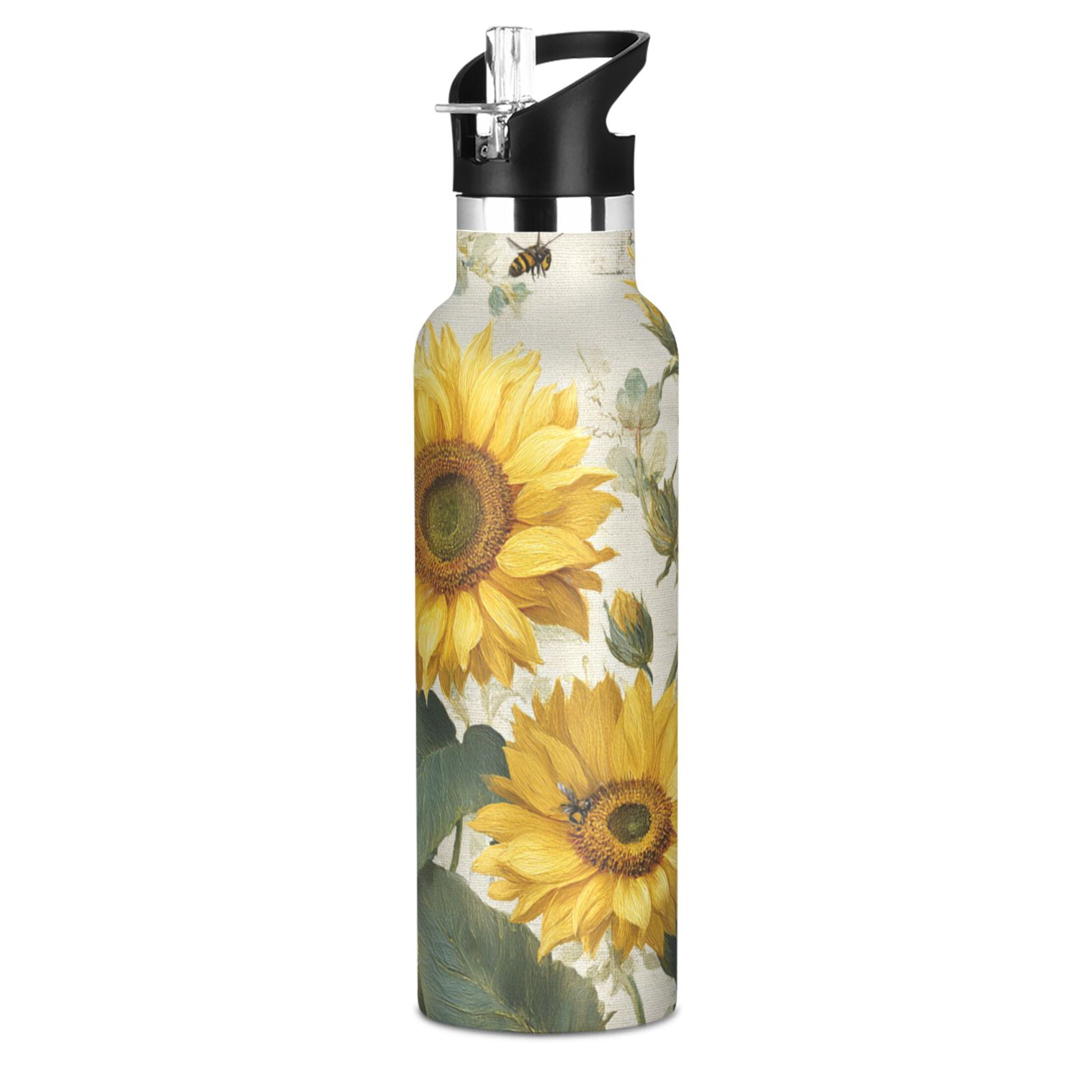 Kids Insulated Stainless Steel Sports Water Bottle 600ml (20oz) Sunflower and Bee Pattern