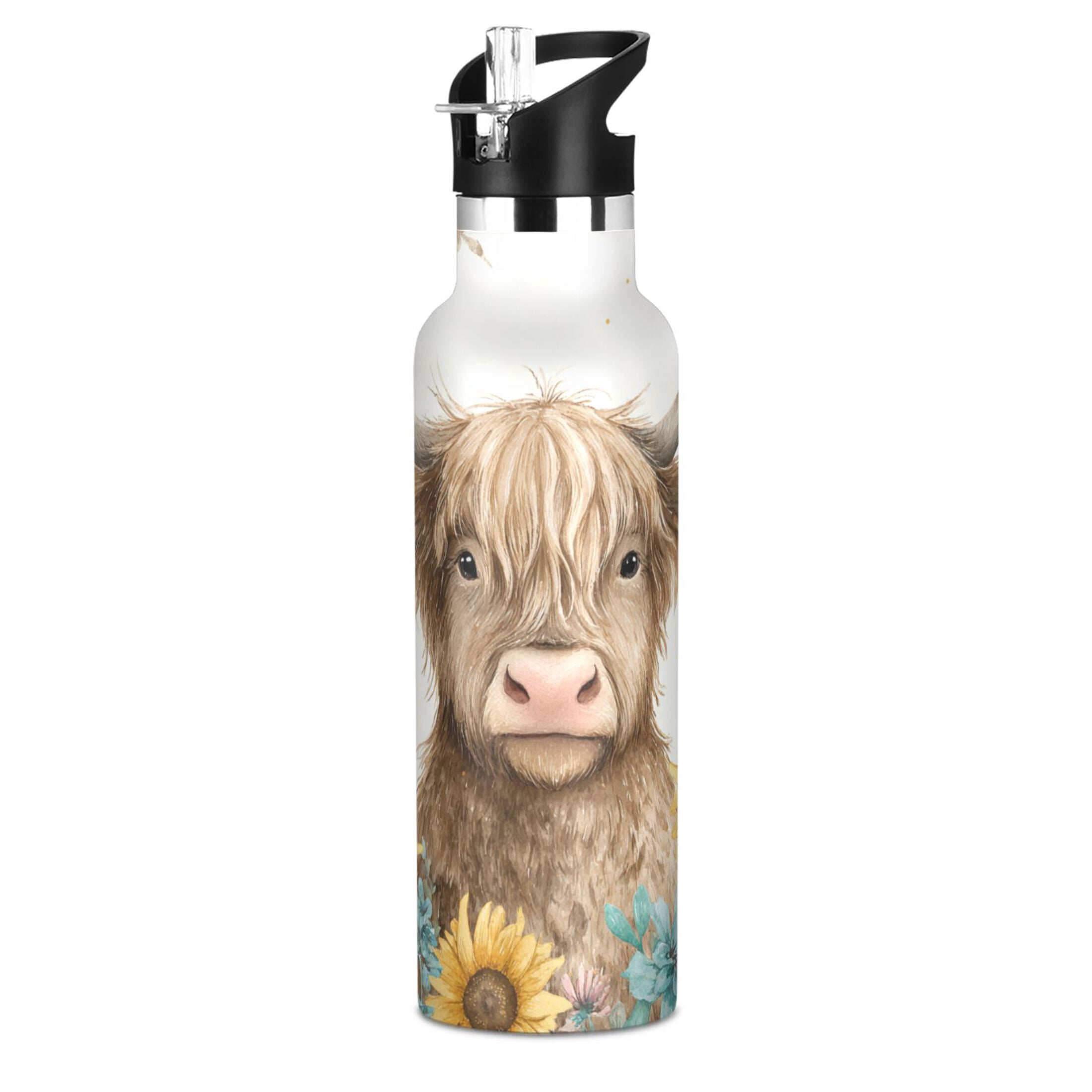 Kids Insulated Stainless Steel Sports Water Bottle 600ml (20oz) Sunflowers and Highland Cow